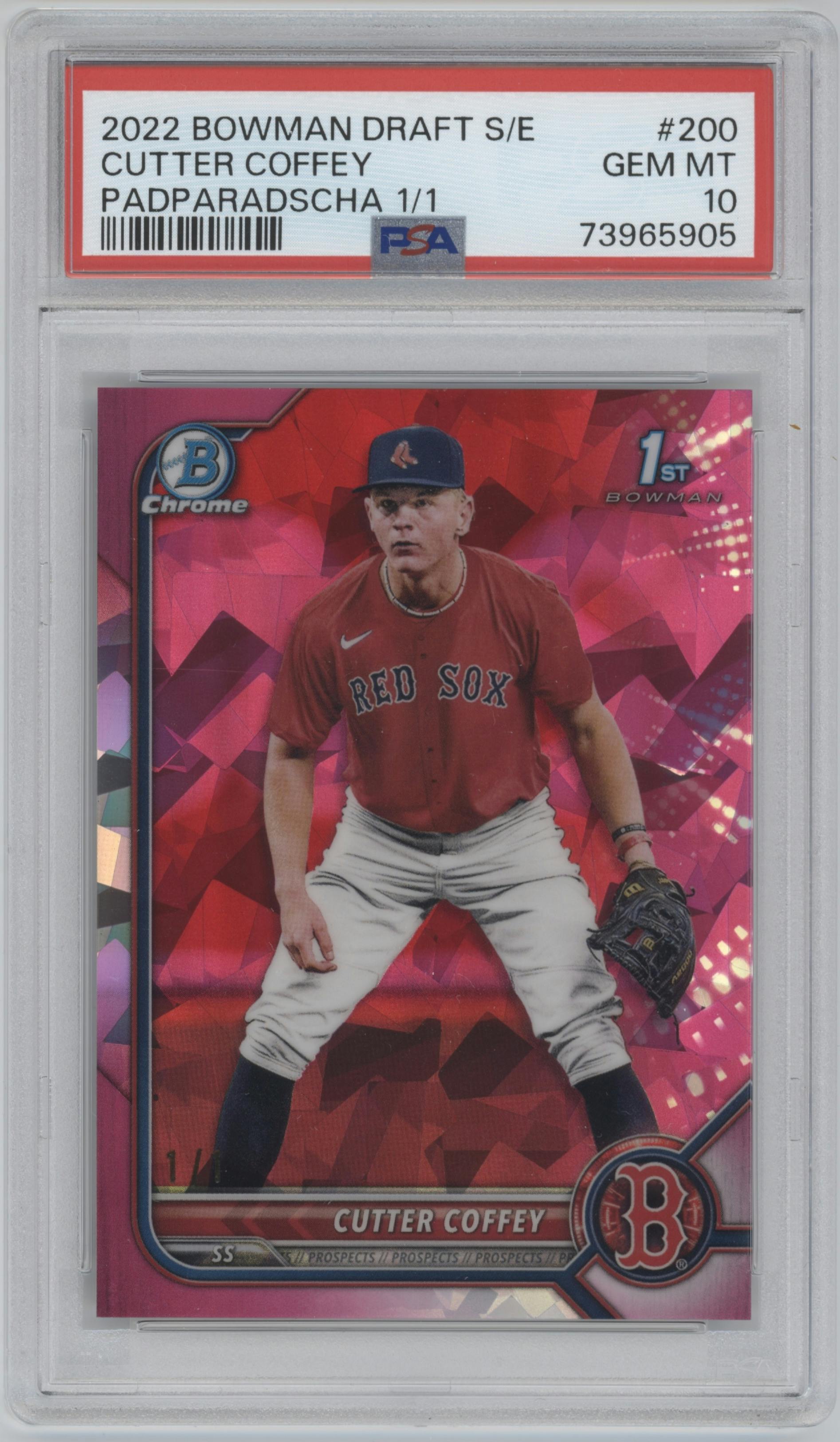 Cutter Coffey from the 2022 Bowman Draft Sapphire Edition set featuring a Padparadscha parallel graded by PSA and given an overall grade of 10.