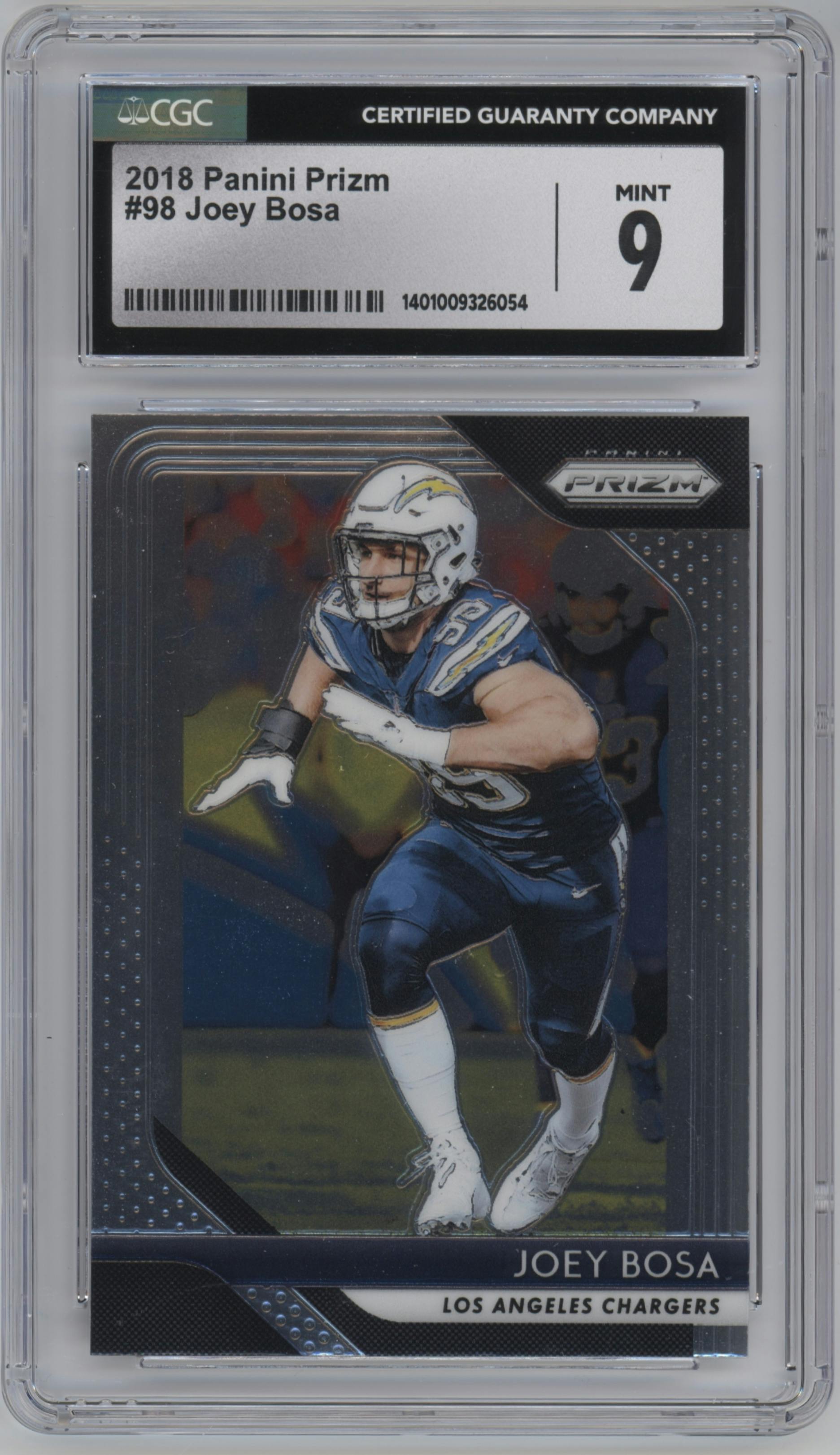 Joey Bosa from the 2018 Panini Prizm set graded by CSG and given an overall grade of 9.