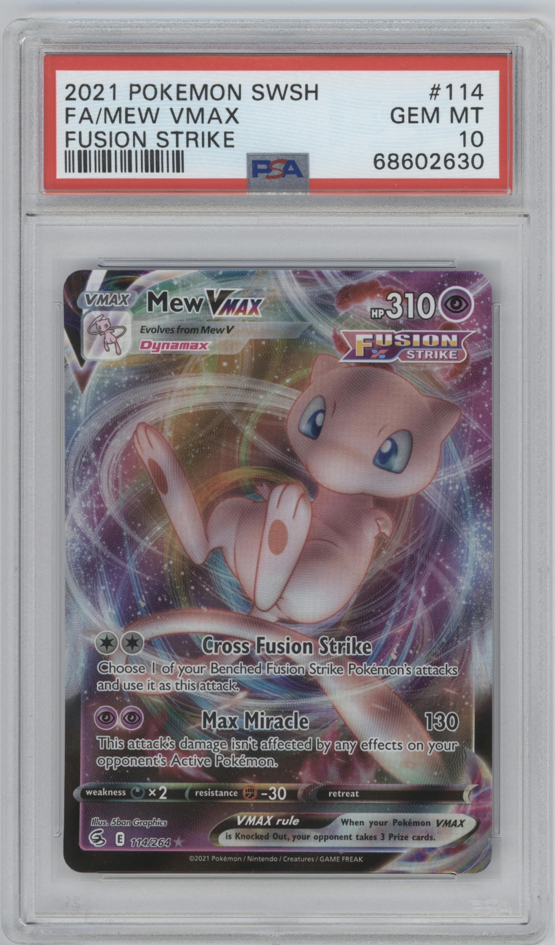 Mew VMAX from the 2021 Pokemon SWSH set graded by PSA and given an overall grade of 10.