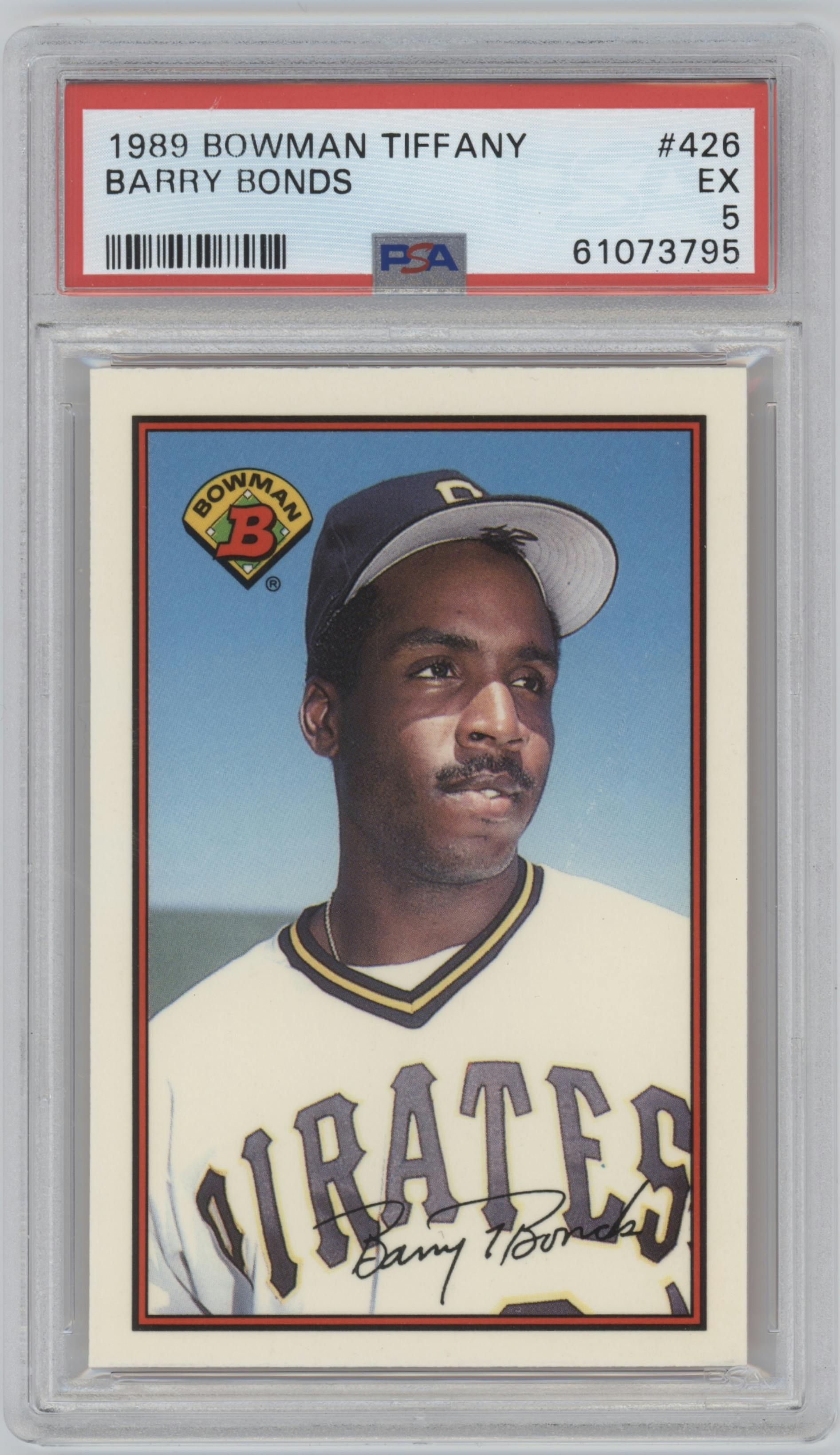 Barry Bonds from the 1989 Bowman set graded by PSA and given an overall grade of 5.
