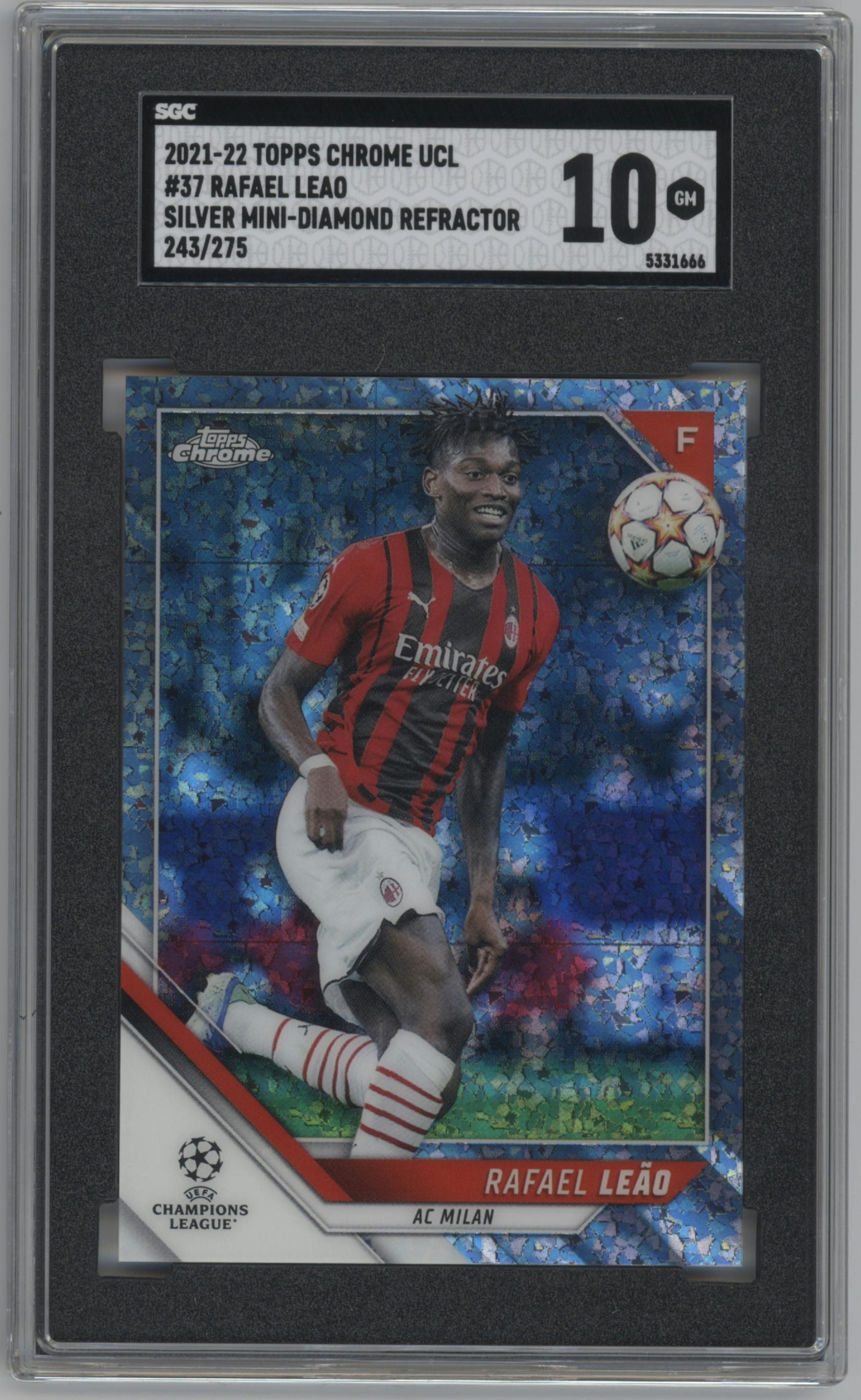 Rafael Leao from the 2021-22 Topps Chrome UEFA Champions League set featuring a Silver Mini-Diamond Refractor  parallel graded by SGC and given an overall grade of 10.