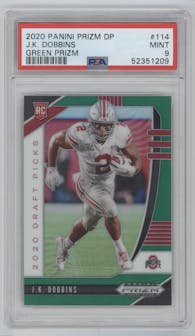 J.K. Dobbins from the 2020 Panini Prizm Draft Picks set featuring a Green Prizm parallel graded by PSA and given an overall grade of 9.