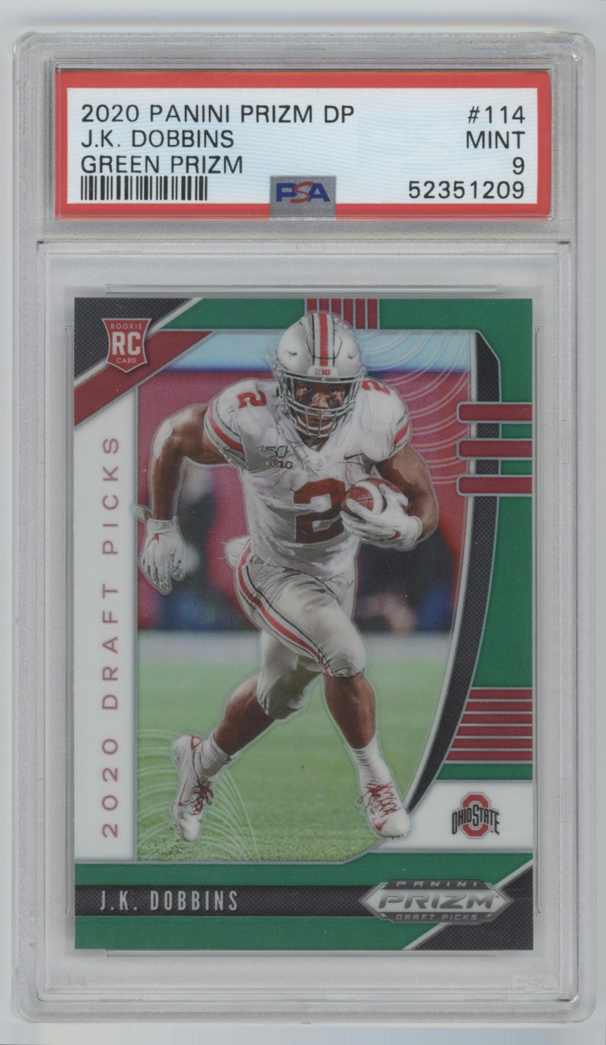 J.K. Dobbins from the 2020 Panini Prizm Draft Picks set featuring a Green Prizm parallel graded by PSA and given an overall grade of 9.