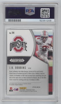 J.K. Dobbins from the 2020 Panini Prizm Draft Picks set featuring a Green Prizm parallel graded by PSA and given an overall grade of 9.