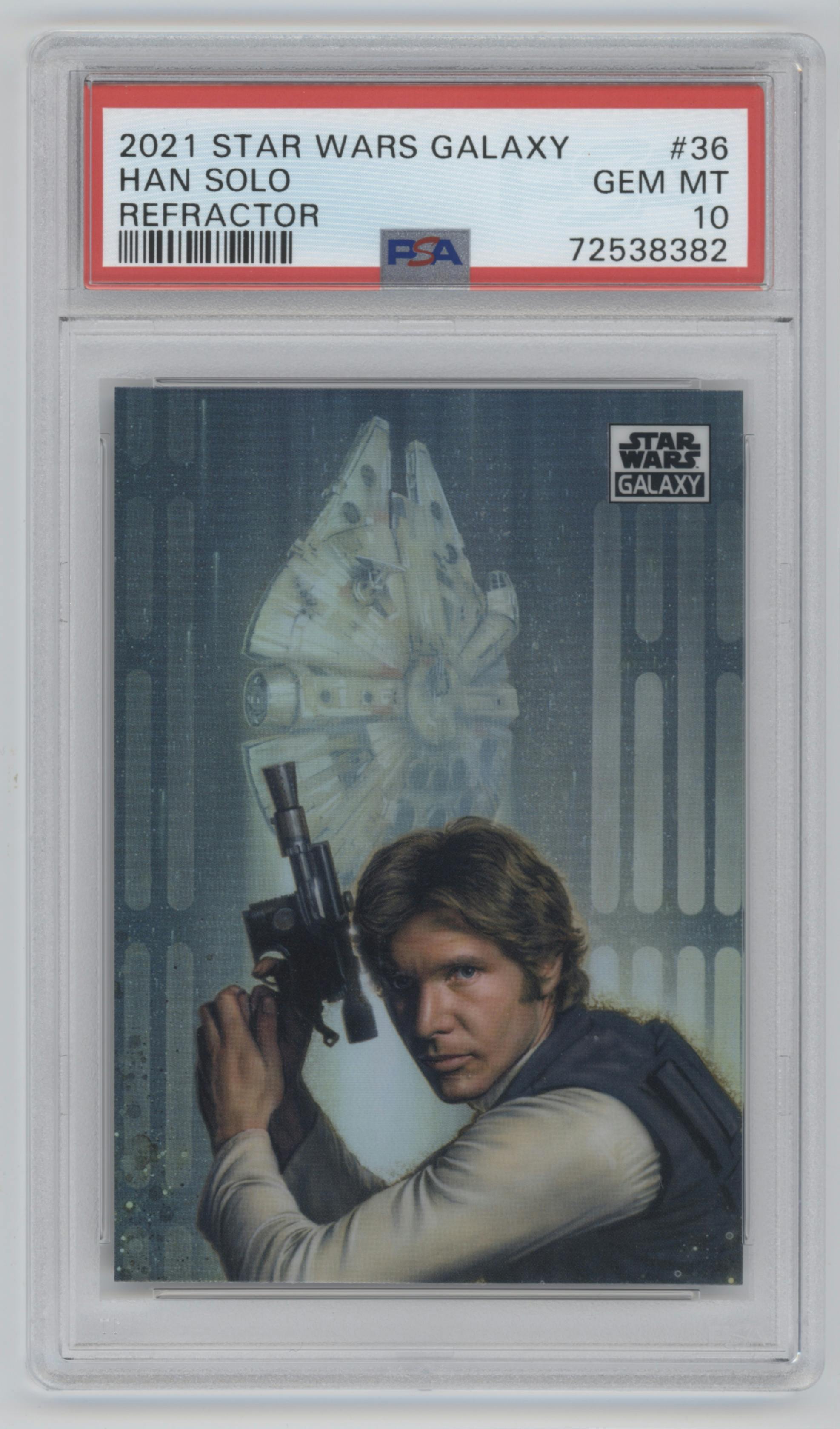 Han Solo from the 2021 Topps Chrome Star Wars Galaxy set featuring a Refractor parallel graded by PSA and given an overall grade of 10.