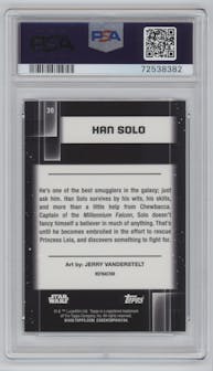 Han Solo from the 2021 Topps Chrome Star Wars Galaxy set featuring a Refractor parallel graded by PSA and given an overall grade of 10.