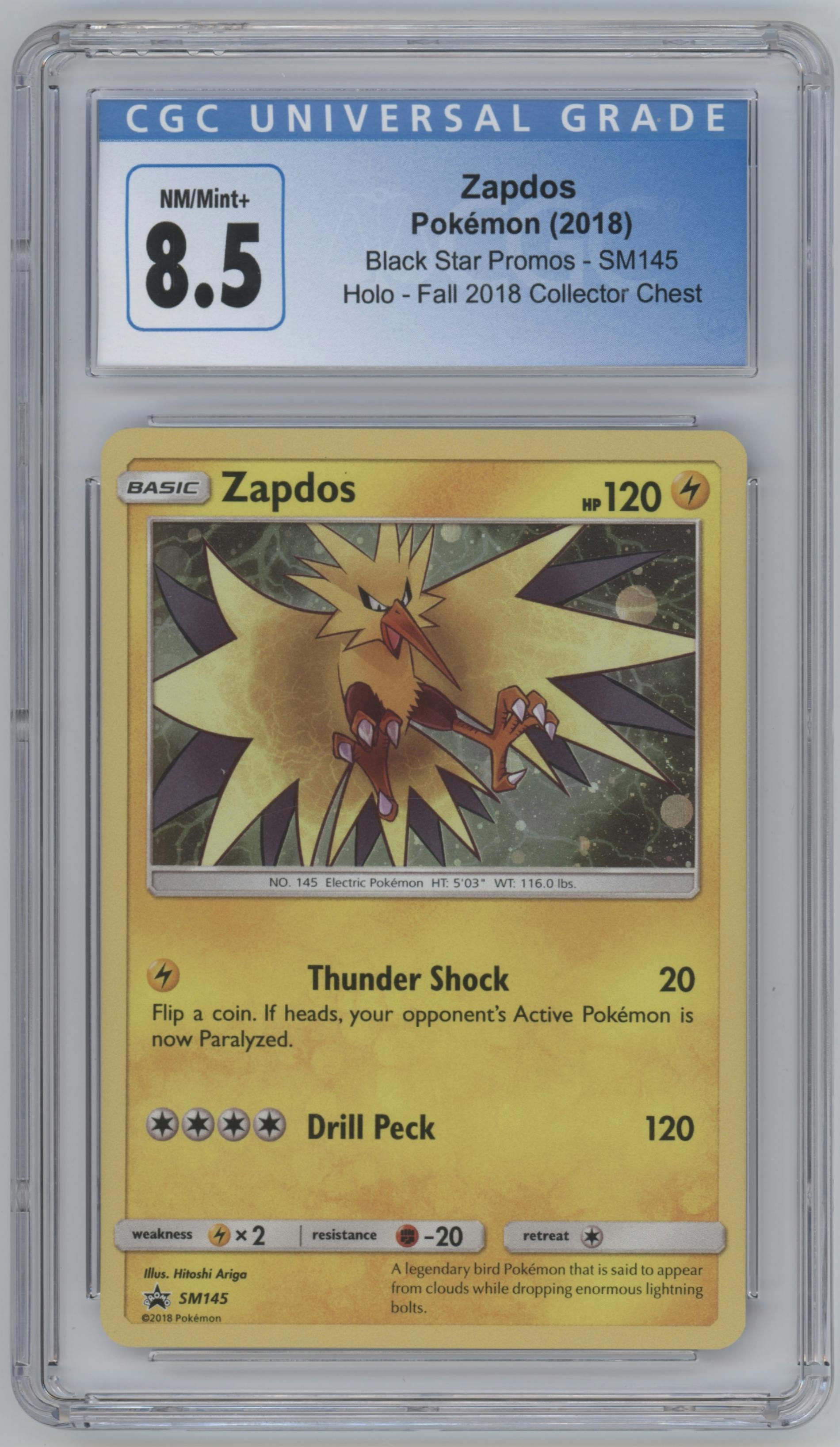 Zapdos from the 2018 Pokemon S&M  set featuring a Collector's Chest Tin parallel graded by CSG and given an overall grade of 8.5.