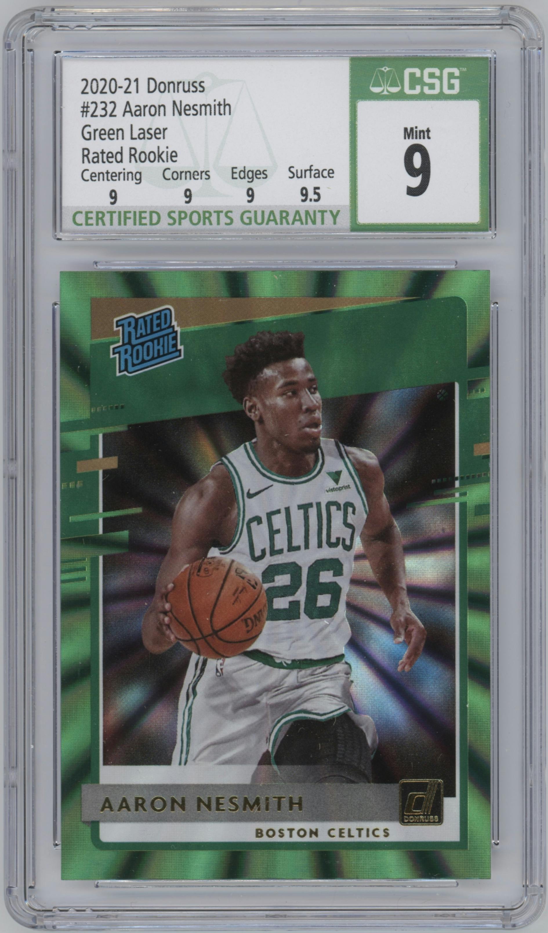 Aaron Nesmith from the 2020-21 Panini Donruss set featuring a Green  Laser parallel graded by CSG and given an overall grade of 9.