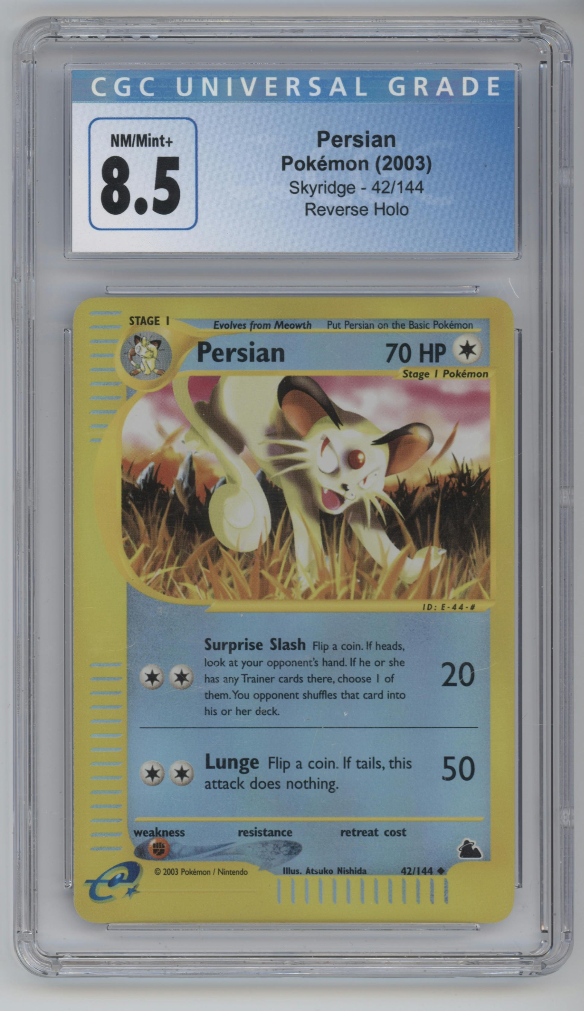 Persian from the 2003 Pokemon E-CARD set graded by CSG and given an overall grade of 8.5.