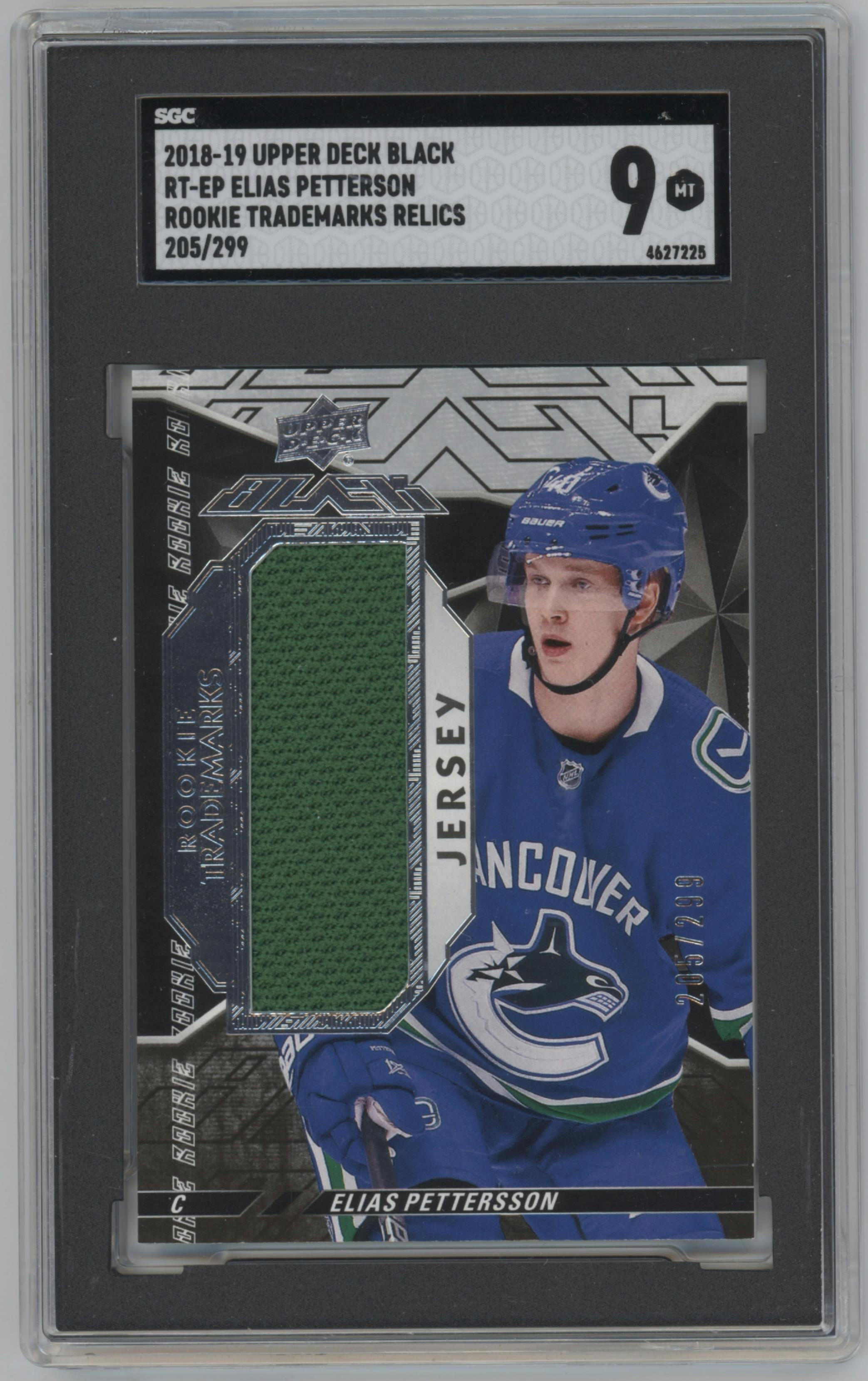 Elias Pettersson from the 2018-19 SPx set graded by SGC and given an overall grade of 9.