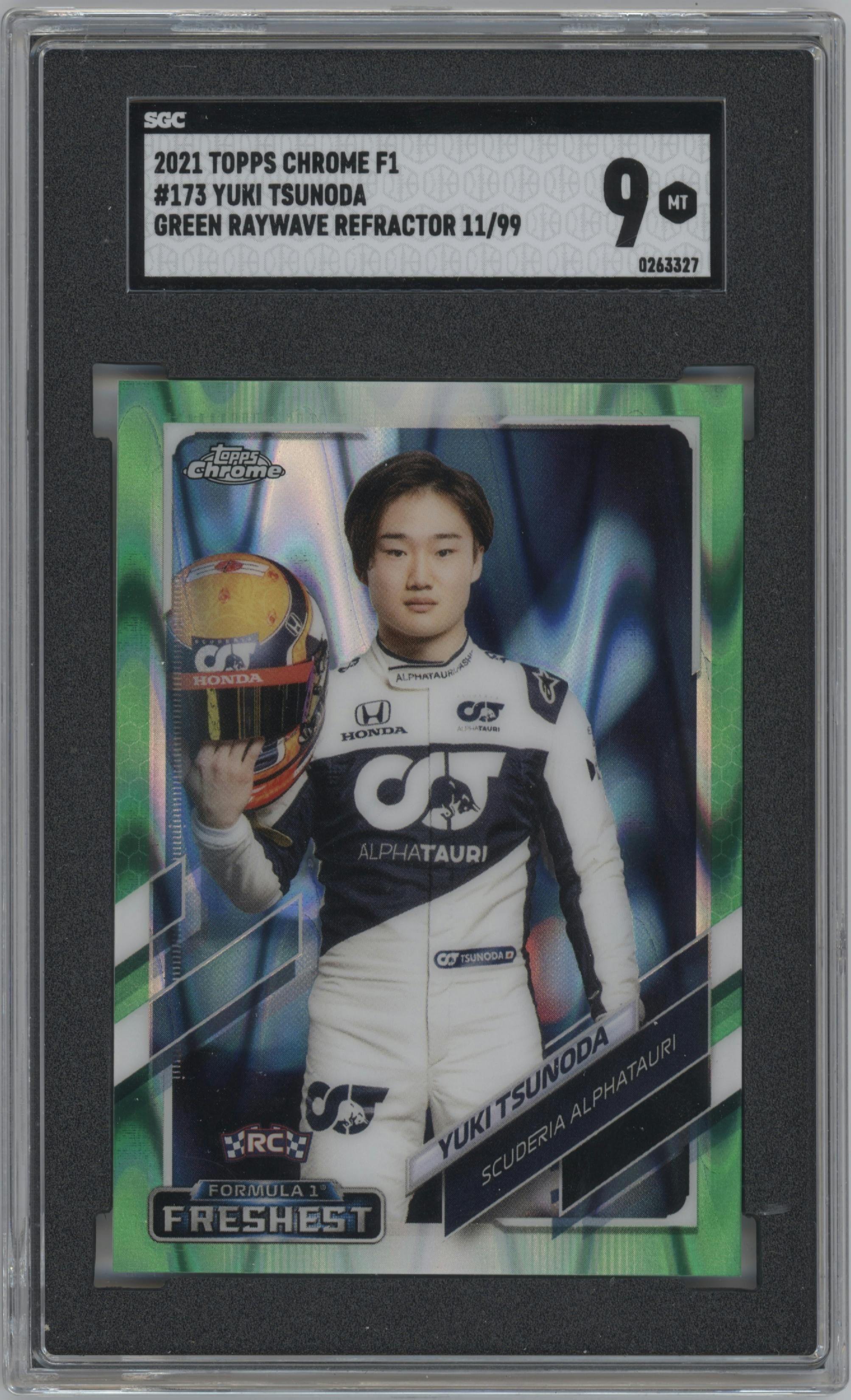 Yuki Tsunoda from the 2021 Topps Chrome F1  set featuring a Green RayWave Refractor parallel graded by SGC and given an overall grade of 9.