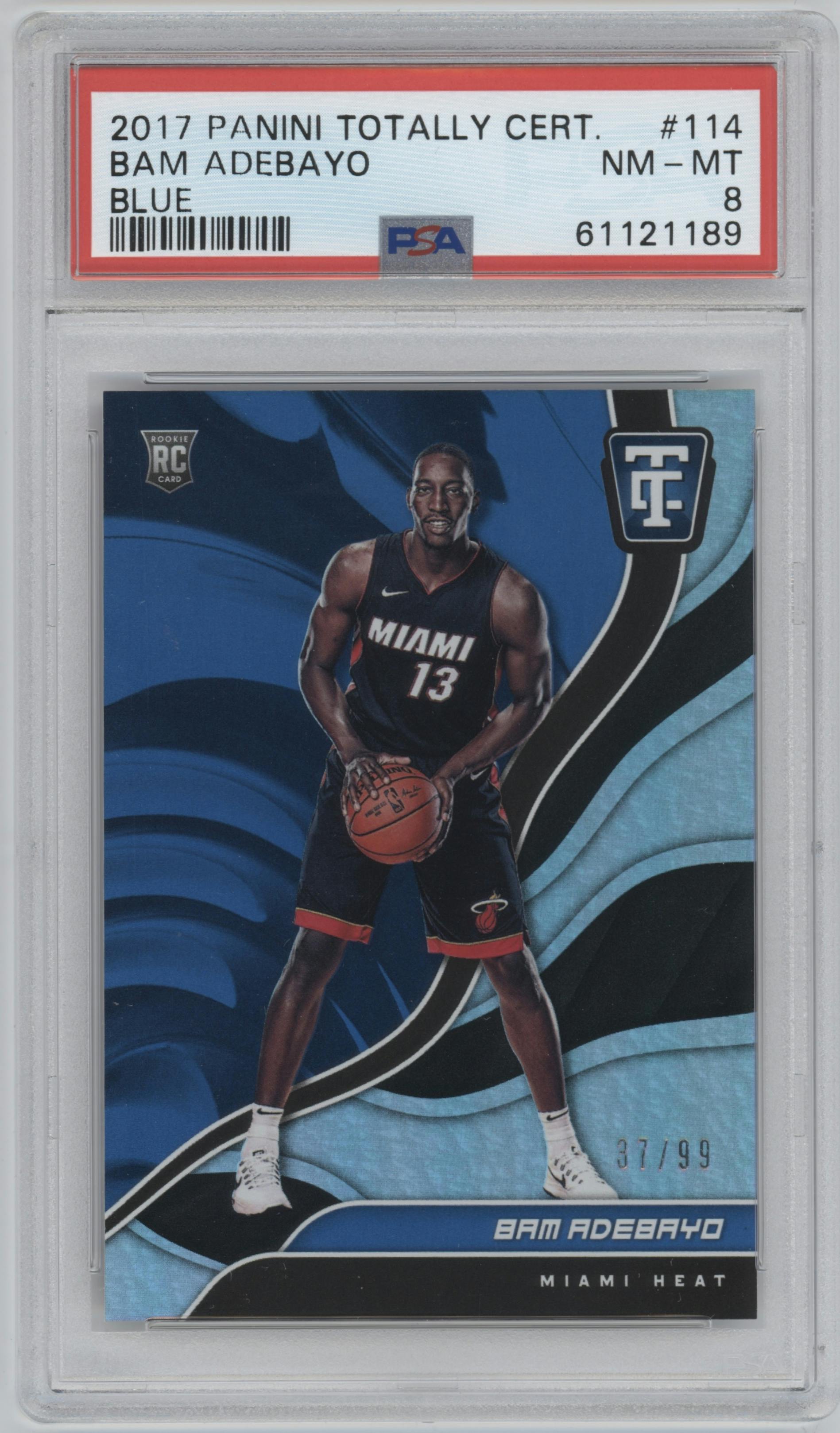 Bam Adebayo from the 2017-18 Panini Totally Certified  set featuring a Blue parallel graded by PSA and given an overall grade of 8.