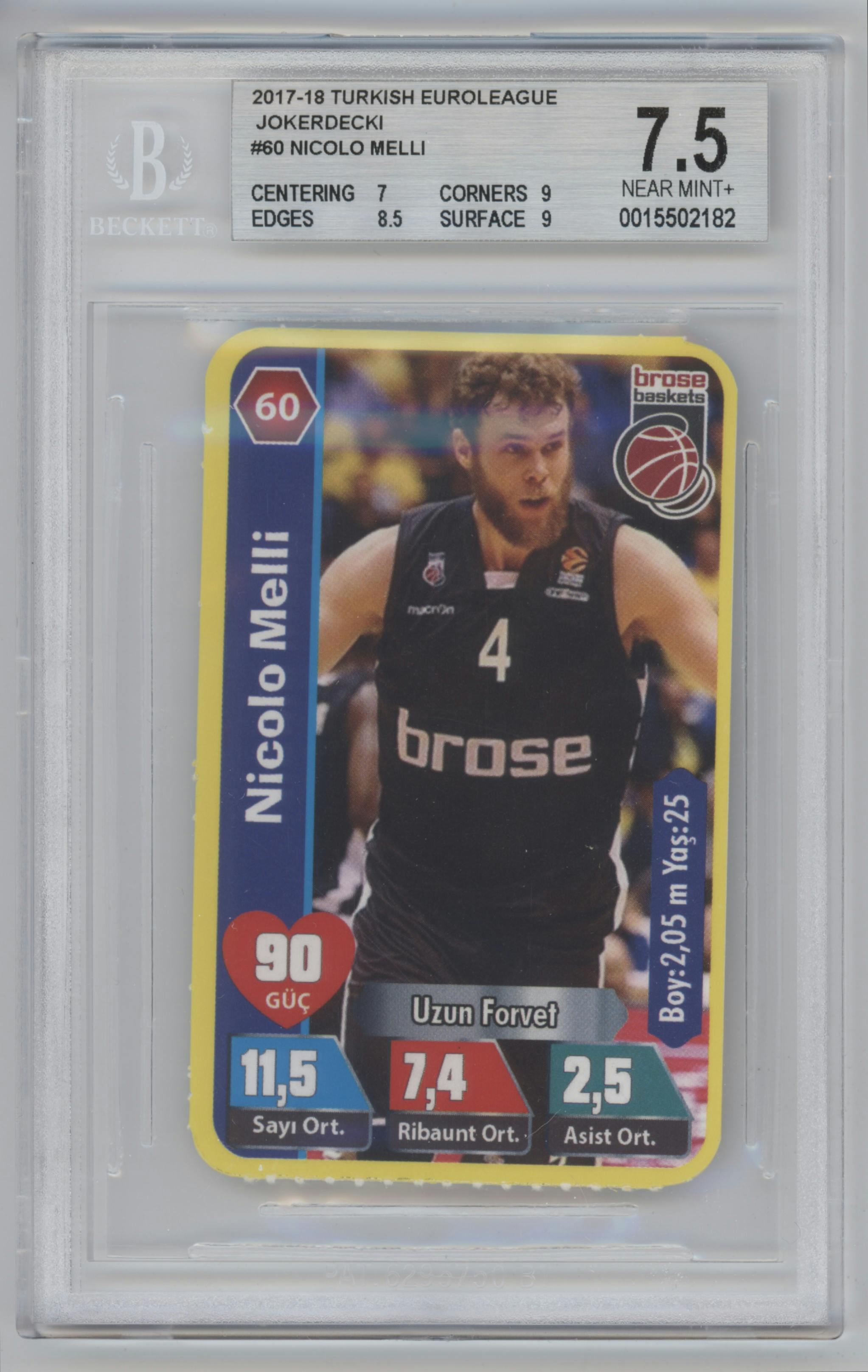 Nicolo Melli from the 2017-18 Turkish EuroLeague Jokerdecki set graded by Beckett and given an overall grade of 7.5.