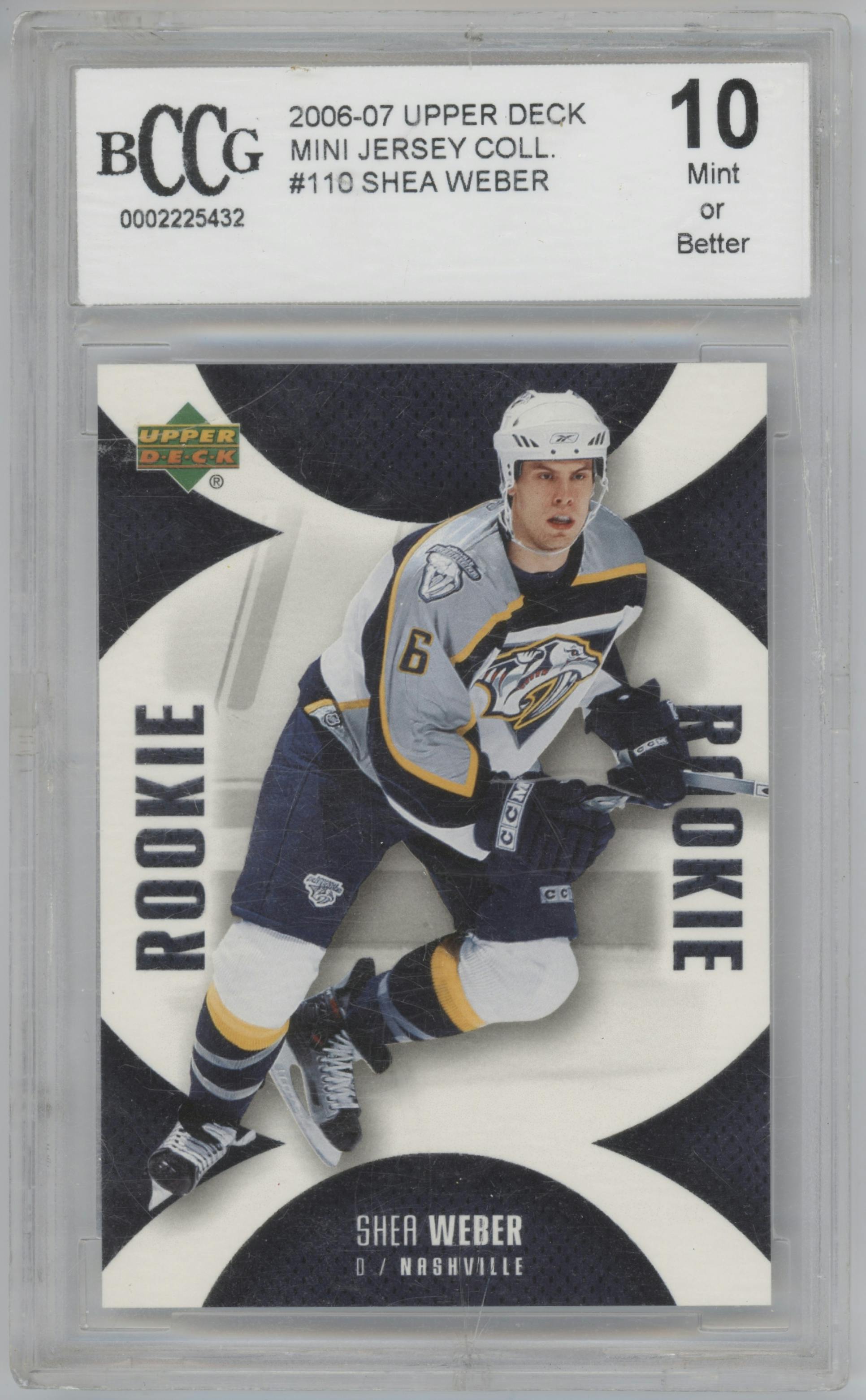 Shea Weber from the 2006-07 Upper Deck Mini Jersey set graded by Beckett and given an overall grade of 10.