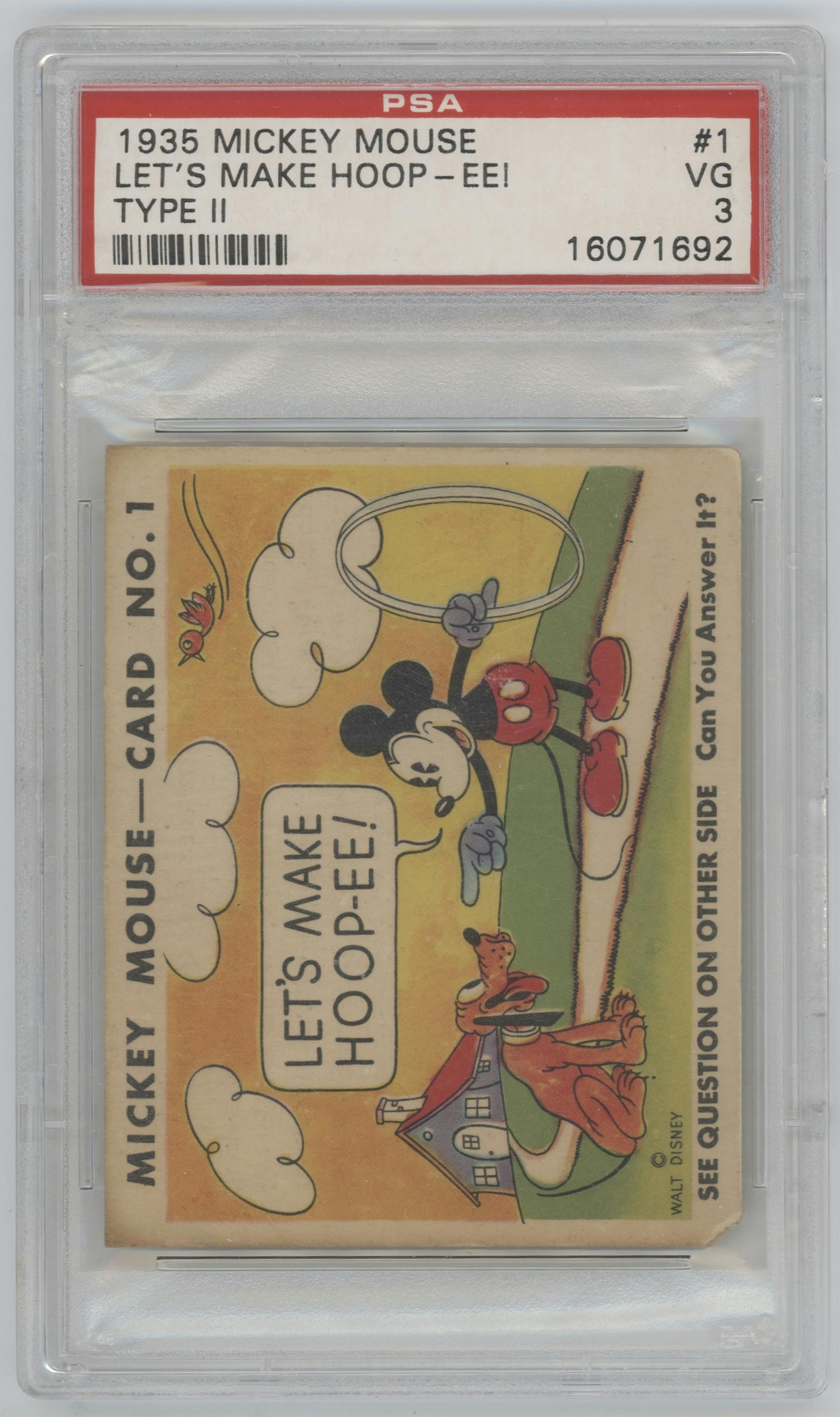 Let's Make Hoop-ee! from the 1935 Mickey Mouse set featuring a Type ll parallel graded by PSA and given an overall grade of 3.