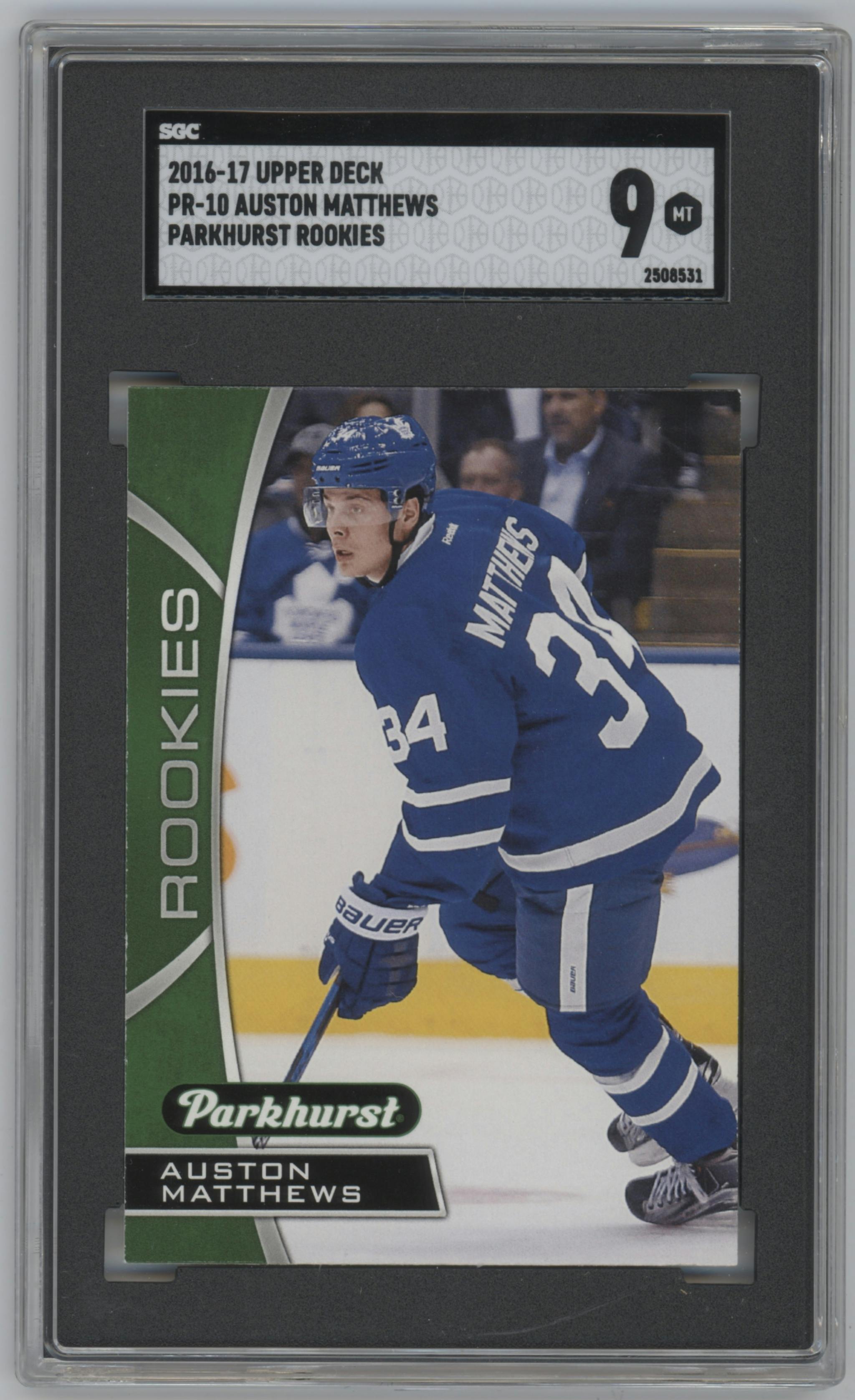Auston Matthews from the 2016-17 Upper Deck set graded by SGC and given an overall grade of 9.