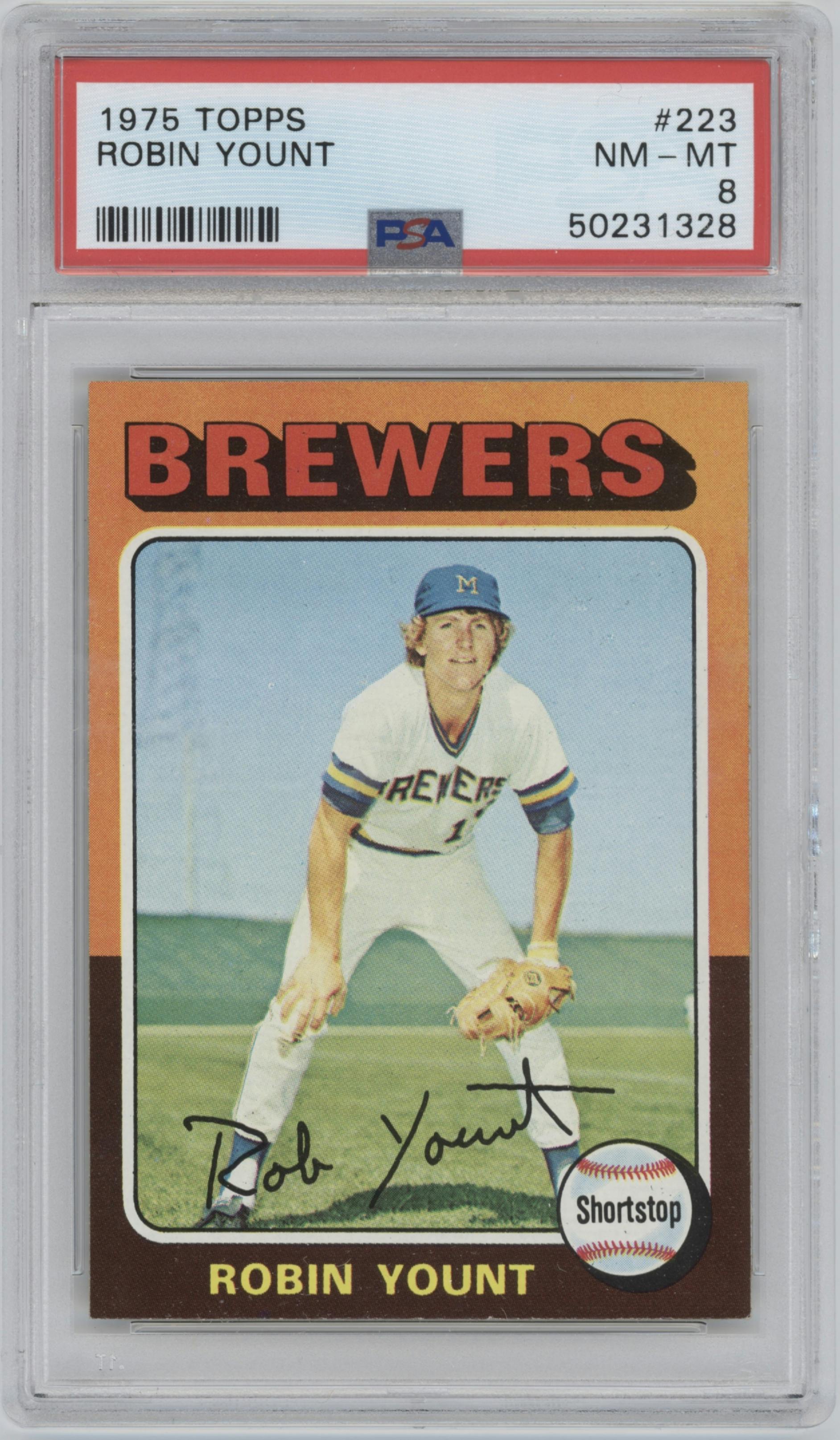 Robin Yount from the 1975 Topps set graded by PSA and given an overall grade of 8.