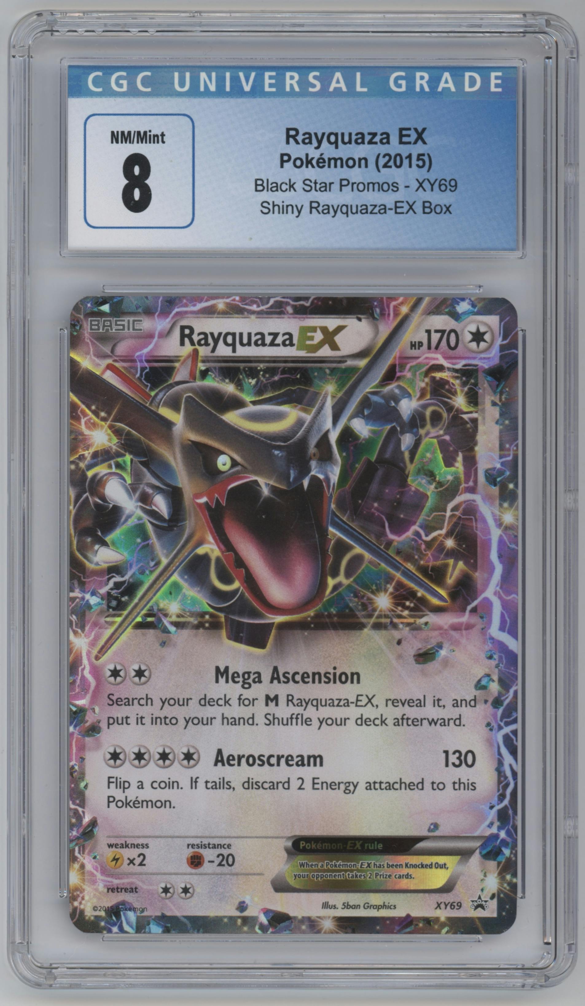 Rayquaza EX from the 2015 Pokemon XY set featuring a Shiny Rayquaza EX Box parallel graded by CSG and given an overall grade of 8.