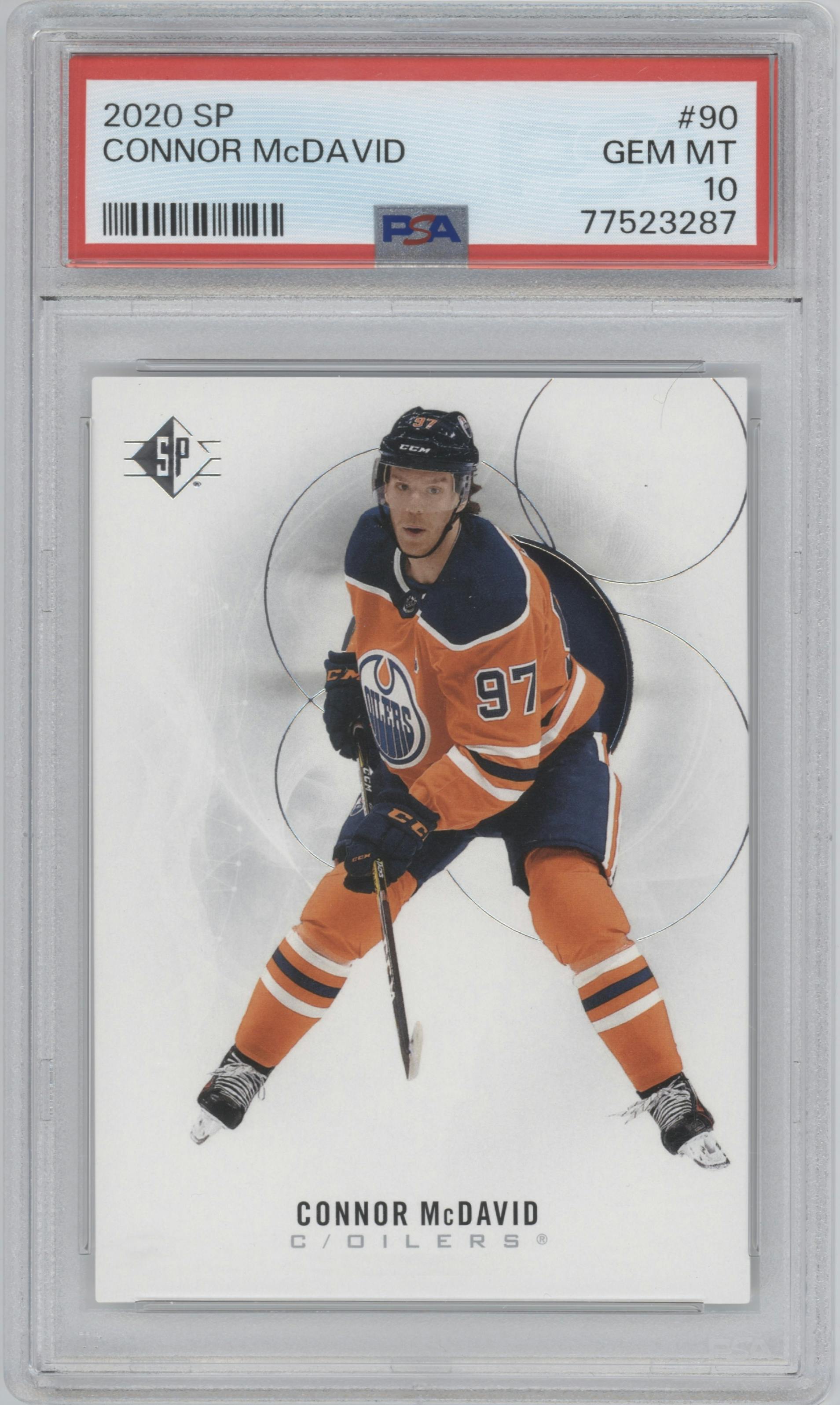 Connor McDavid from the 2020-21 SP Authentic set graded by PSA and given an overall grade of 10.