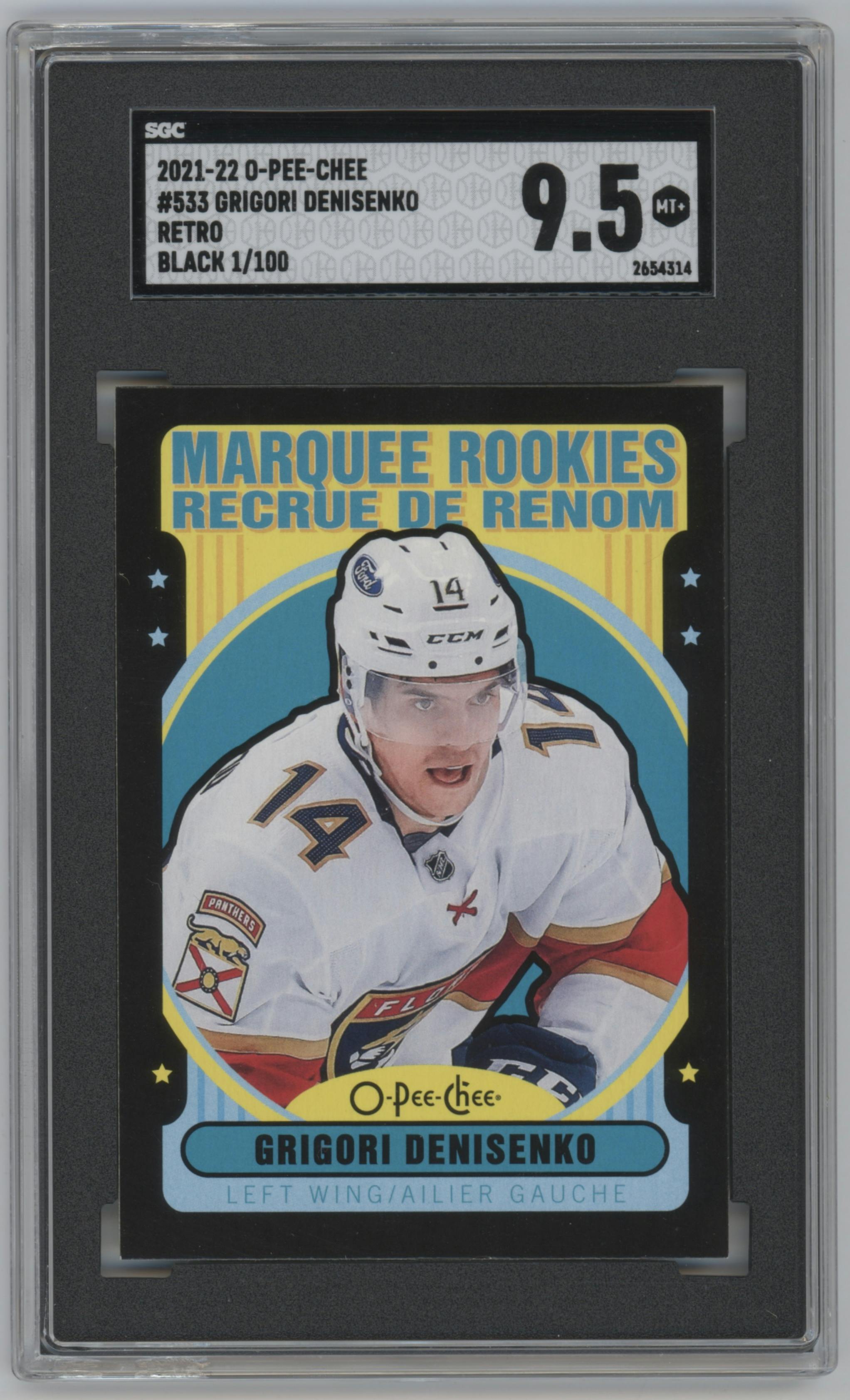 Grigori Denisenko from the 2021-22 O-Pee-Chee set featuring a Black Border parallel graded by SGC and given an overall grade of 9.5.