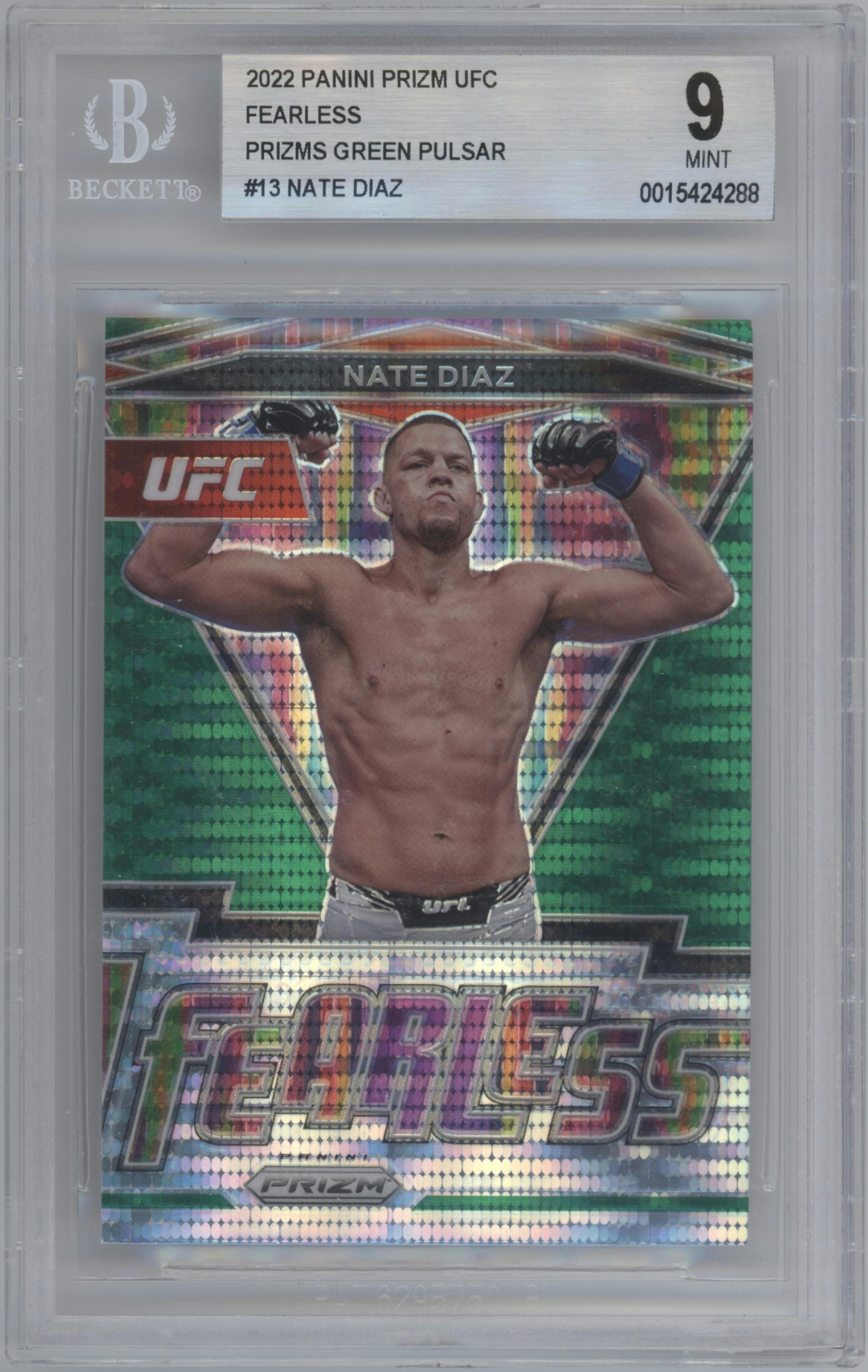 Nate Diaz from the 2022 Panini Prizm UFC  set featuring a Green Pulsar Prizm parallel graded by Beckett and given an overall grade of 9.