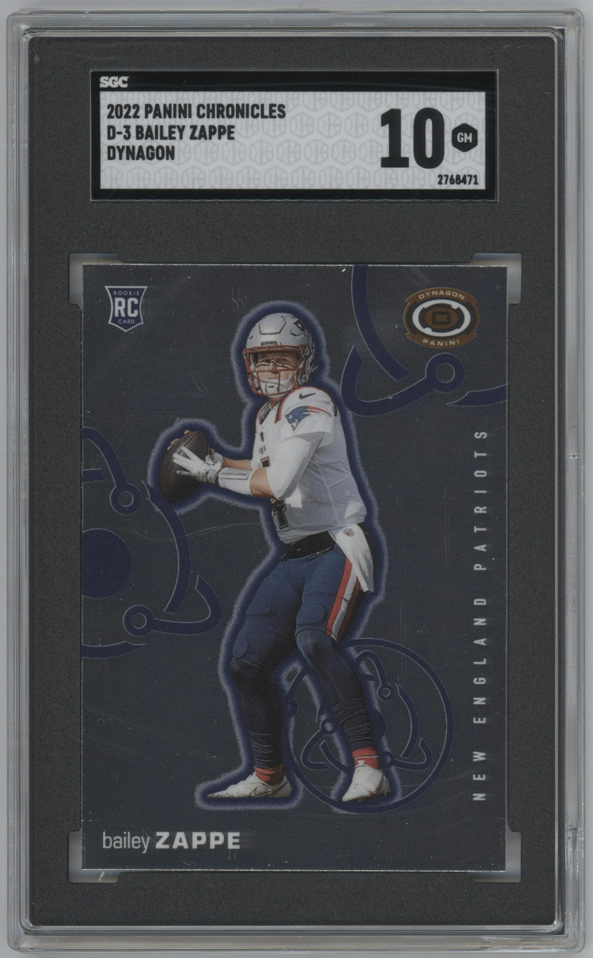Bailey Zappe from the 2022 Panini Chronicles set graded by SGC and given an overall grade of 10.
