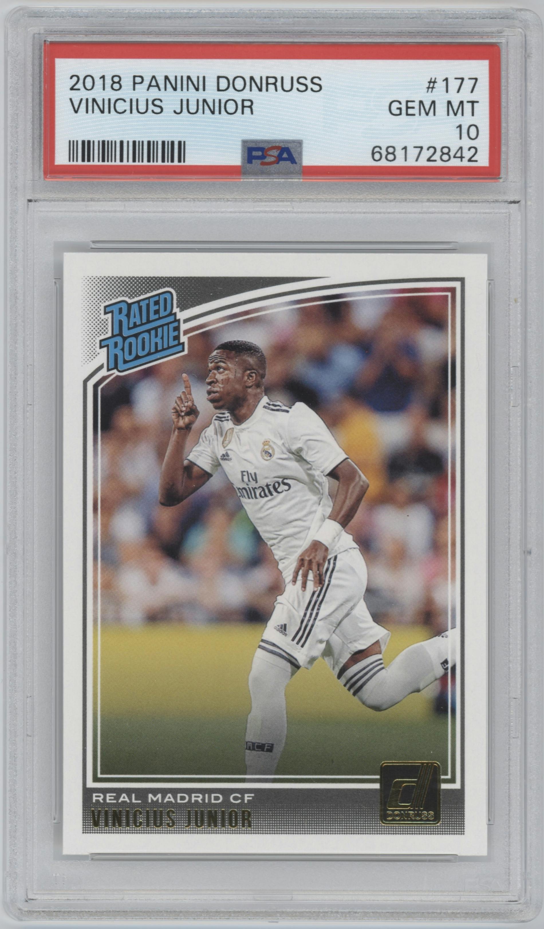 Vinicius Junior from the 2018-19 Panini Donruss set graded by PSA and given an overall grade of 10.