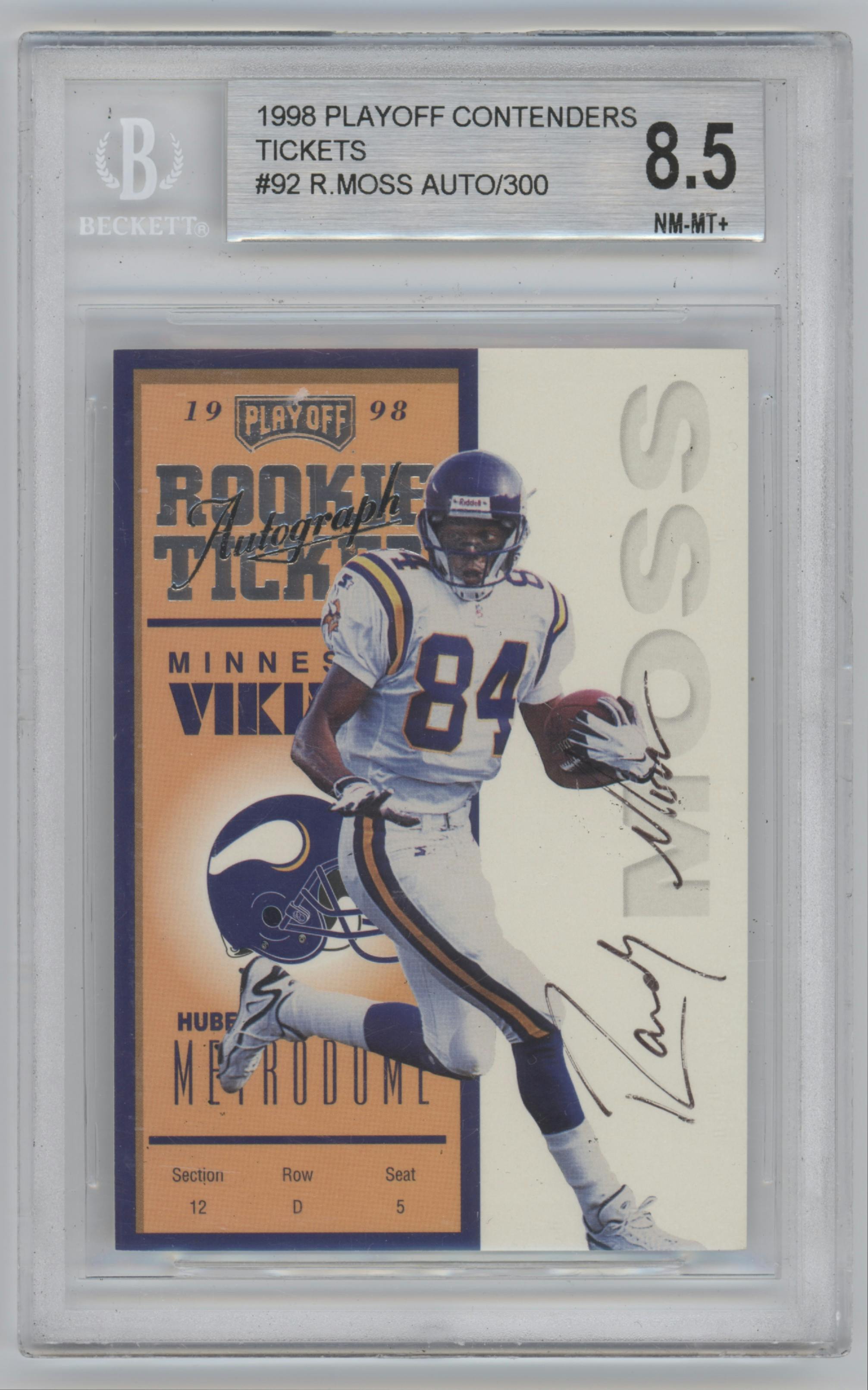 Randy Moss from the 1998 Playoff Contenders set graded by Beckett and given an overall grade of 8.5.