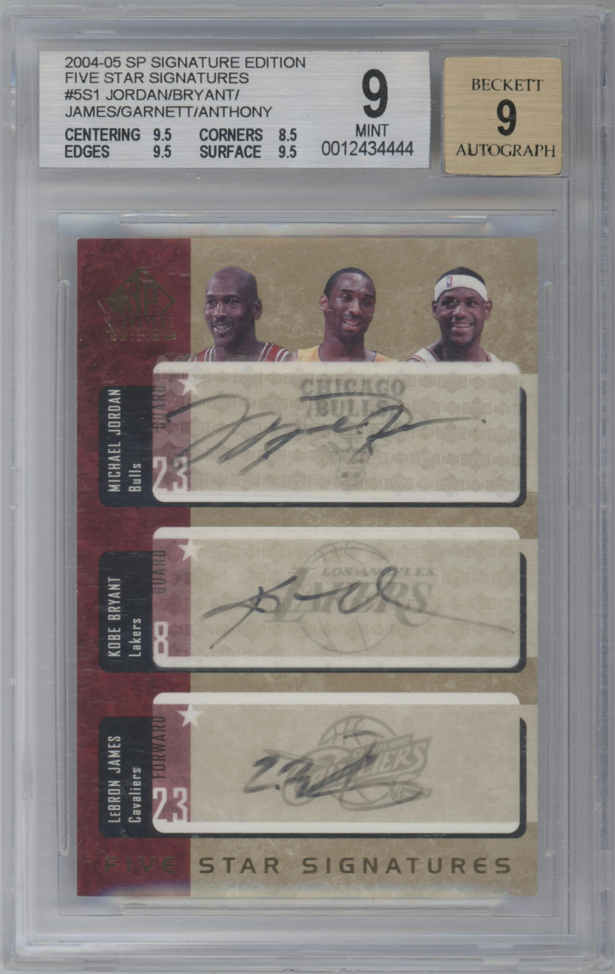 Michael Jordan/Kobe Bryant/LeBron James/Kevin Garnett/Carmelo Anthony from the 2004-05 SP Signature Edition set graded by Beckett and given an overall grade of 9.