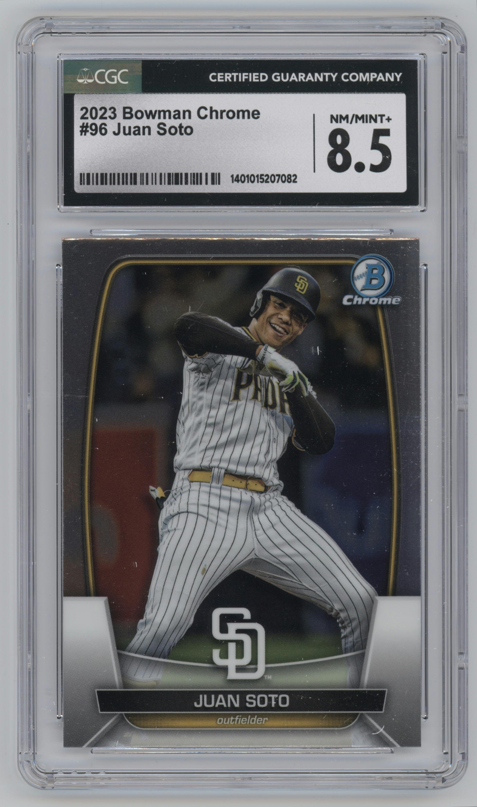 Juan Soto from the 2023 Bowman Chrome set graded by CSG and given an overall grade of 8.5.