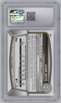 Juan Soto from the 2023 Bowman Chrome set graded by CSG and given an overall grade of 8.5.