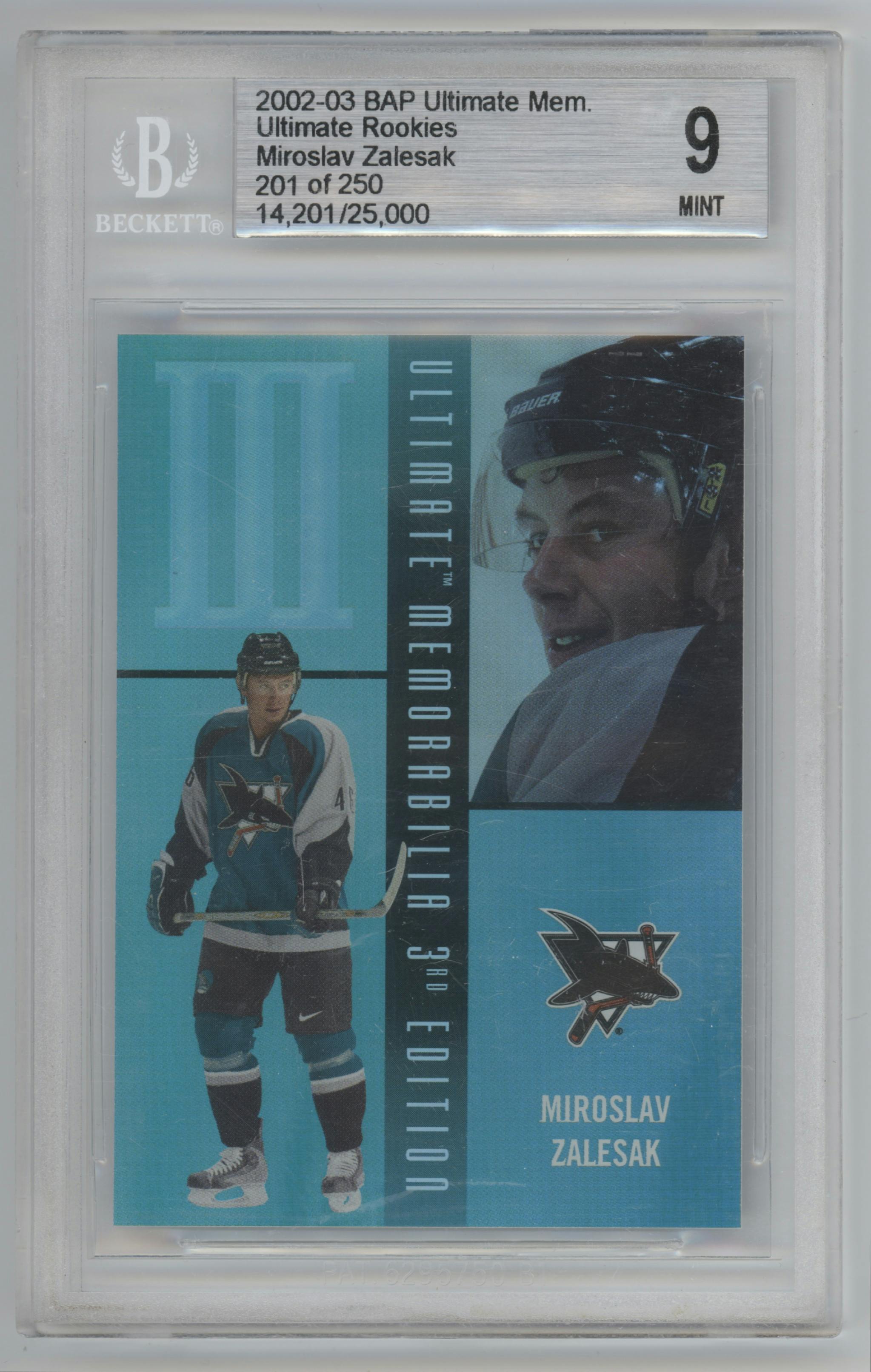 Miroslav Zalesak from the 2002-03 Be a Player Ultimate Memorabilia set graded by Beckett and given an overall grade of 9.