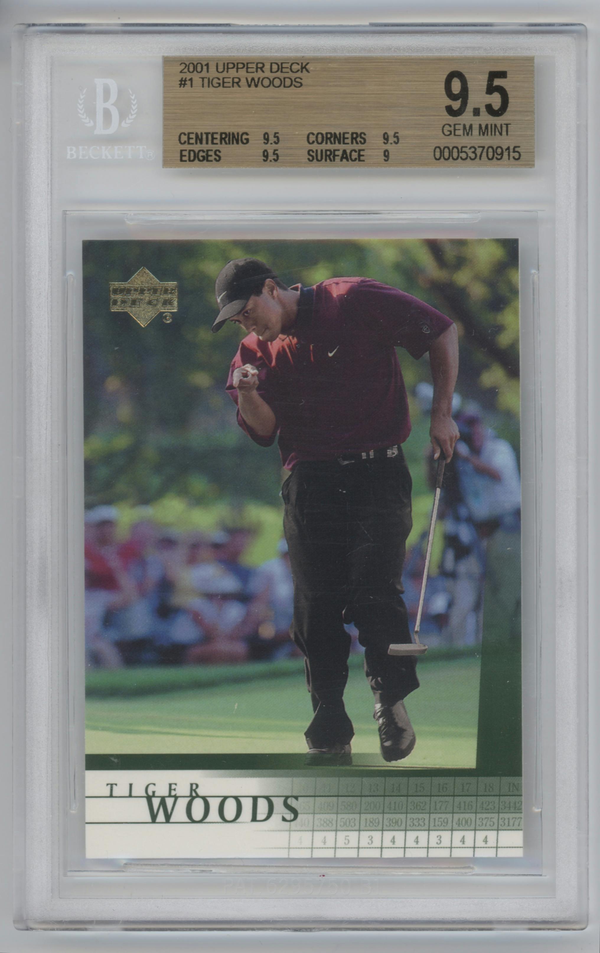 Tiger Woods from the 2001 Upper Deck set graded by Beckett and given an overall grade of 9.5.