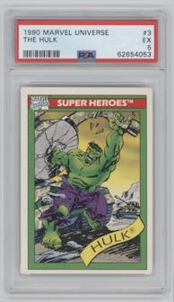 The Hulk from the 1990 Impel Marvel Universe  set graded by PSA and given an overall grade of 5.