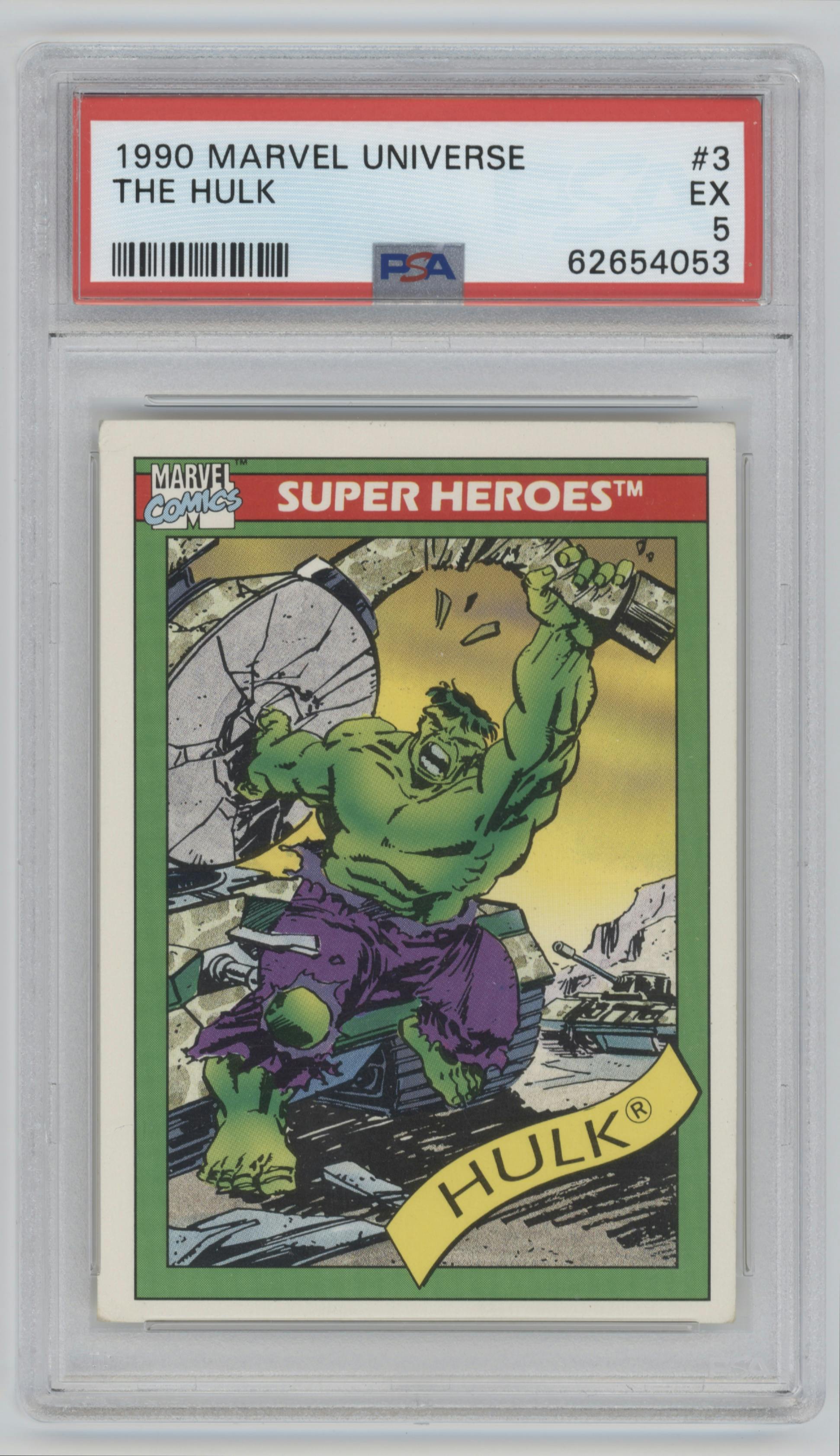 The Hulk from the 1990 Impel Marvel Universe  set graded by PSA and given an overall grade of 5.