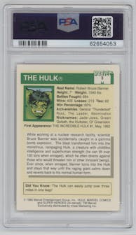 The Hulk from the 1990 Impel Marvel Universe  set graded by PSA and given an overall grade of 5.