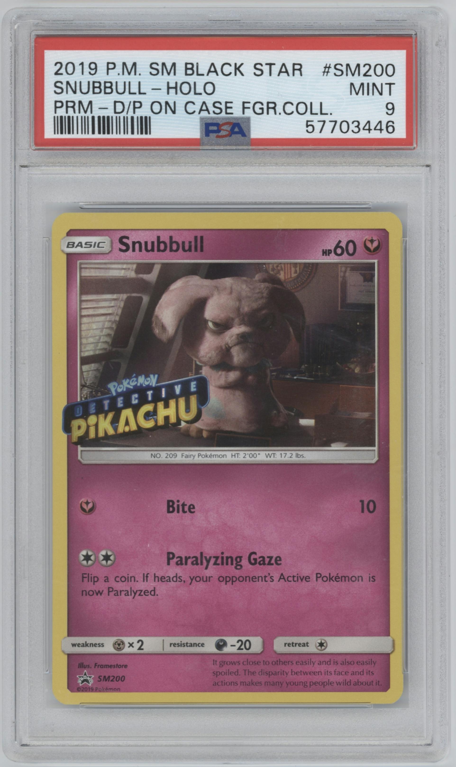 Snubbull from the 2019 Pokemon S&M  set featuring a Premium Detective Pikachu on the Case Figure Collection parallel graded by PSA and given an overall grade of 9.