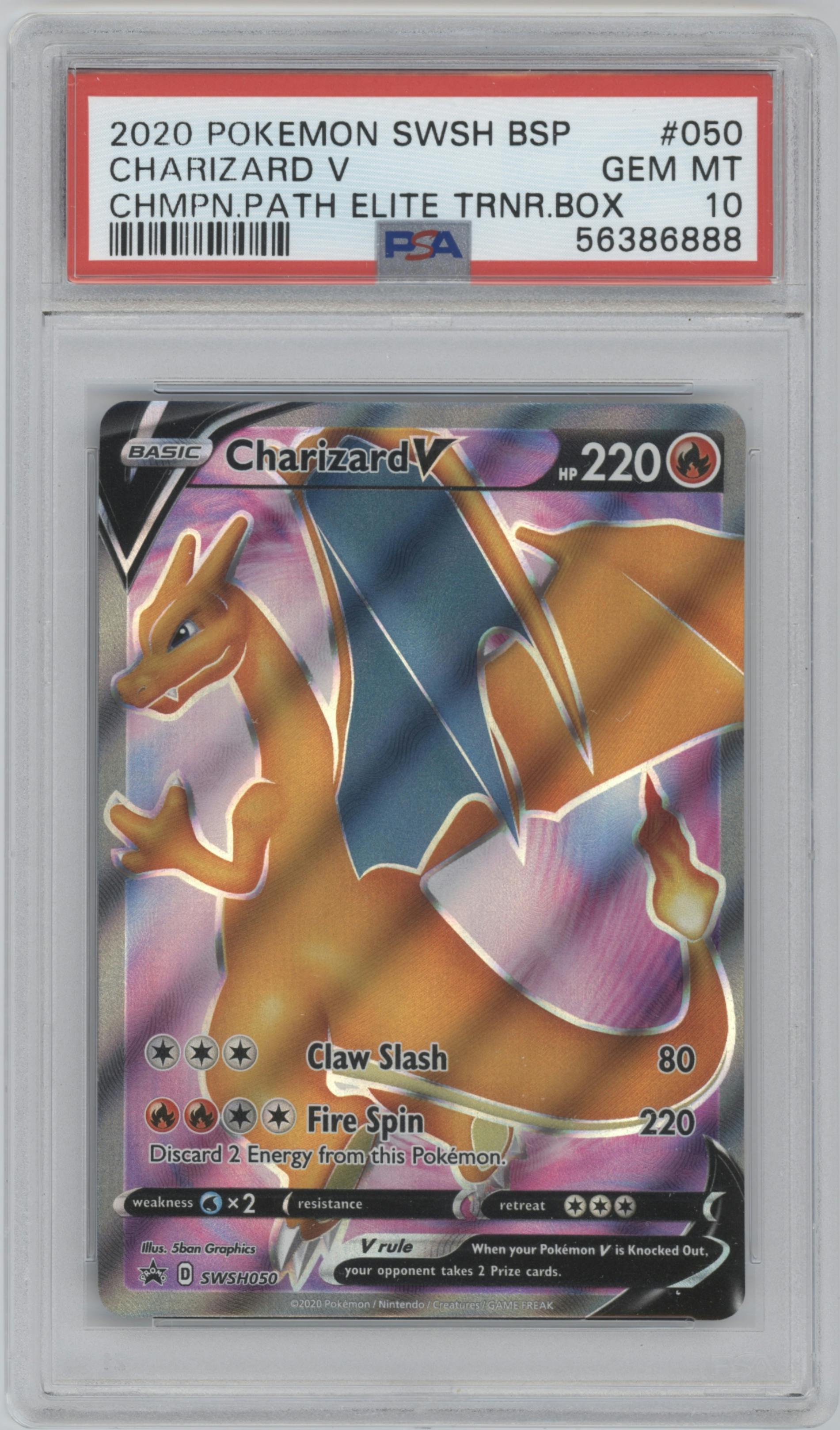 Charizard V from the 2020 Pokemon SWSH set featuring a Champion's Path ETB parallel graded by PSA and given an overall grade of 10.