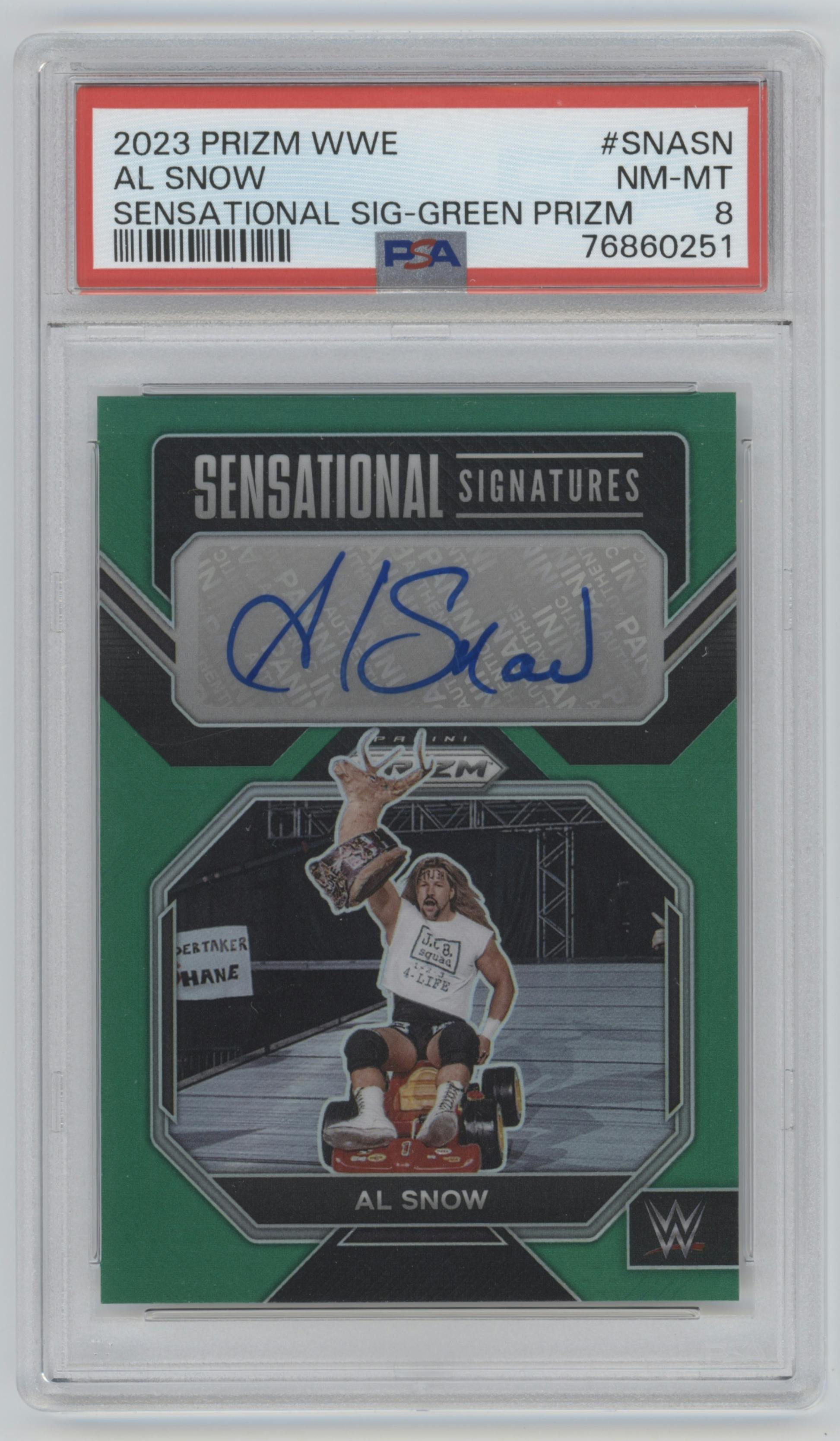 Al Snow from the 2023 Panini Prizm WWE set featuring a Green Prizm parallel graded by PSA and given an overall grade of 8.