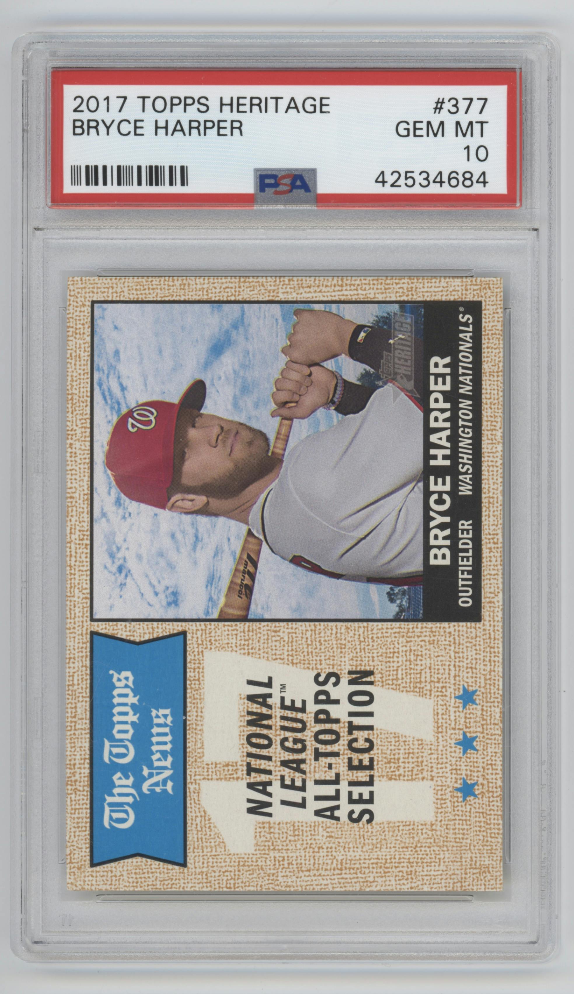 Bryce Harper from the 2017 Topps Heritage set graded by PSA and given an overall grade of 10.
