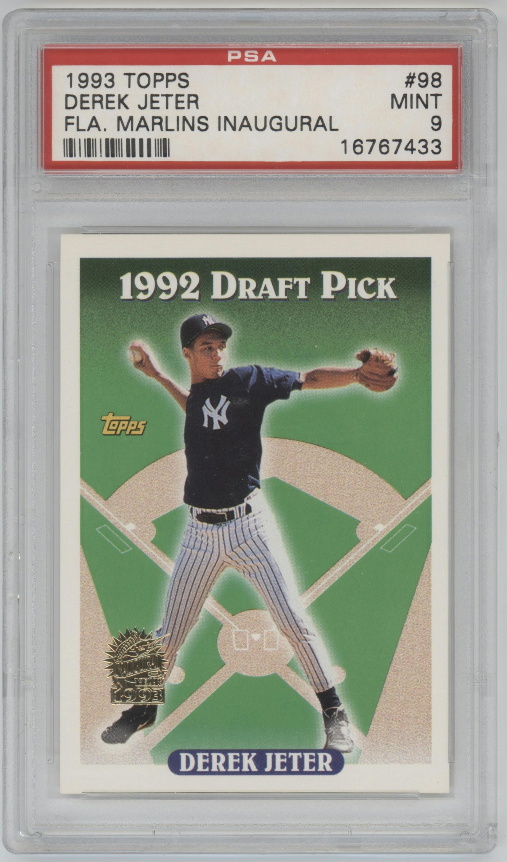 Derek Jeter from the 1993 Topps set featuring a Inaugural Florida Marlins parallel graded by PSA and given an overall grade of 9.