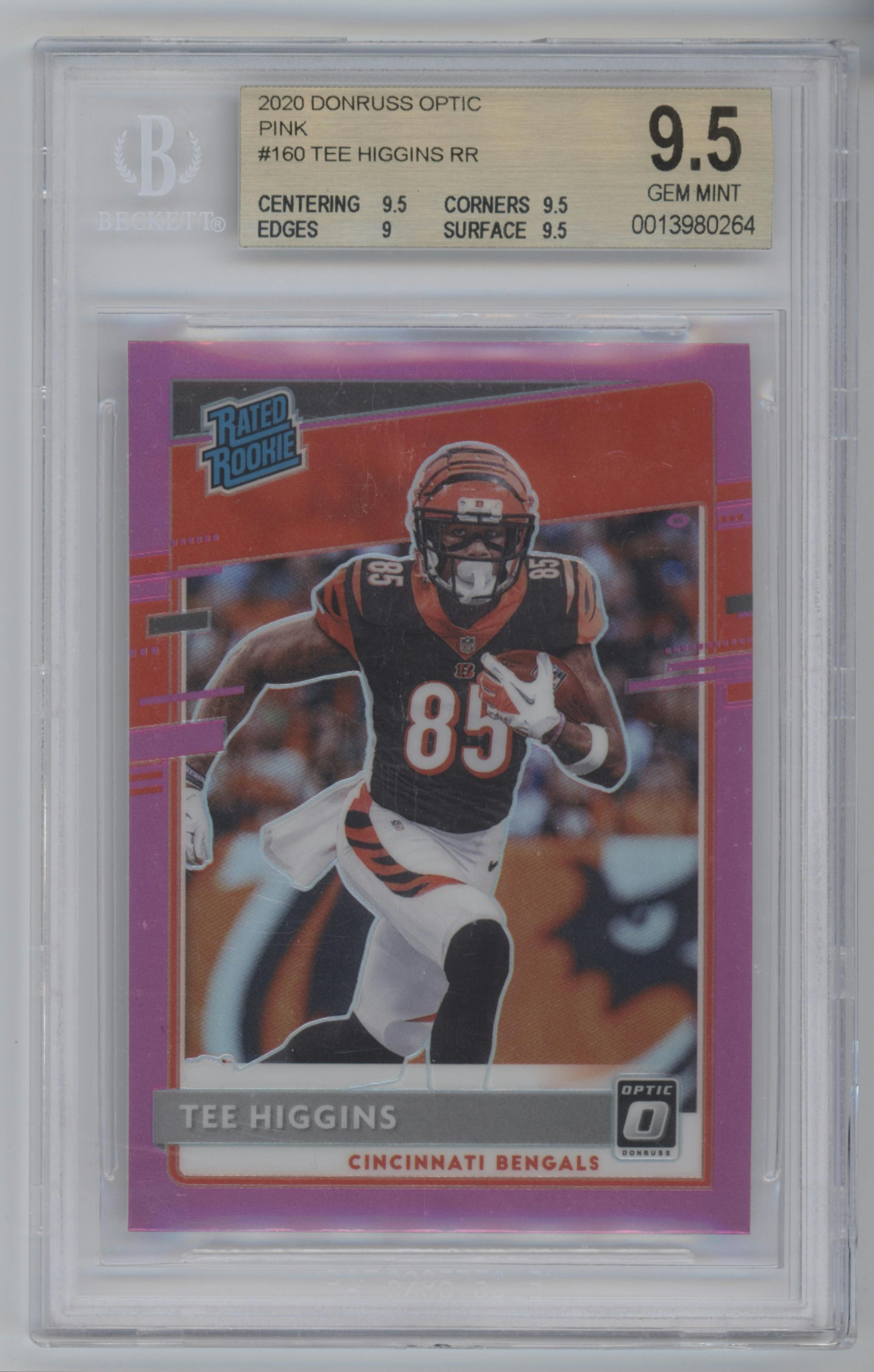 Tee Higgins from the 2020 Panini Donruss Optic set featuring a Pink parallel graded by Beckett and given an overall grade of 9.5.