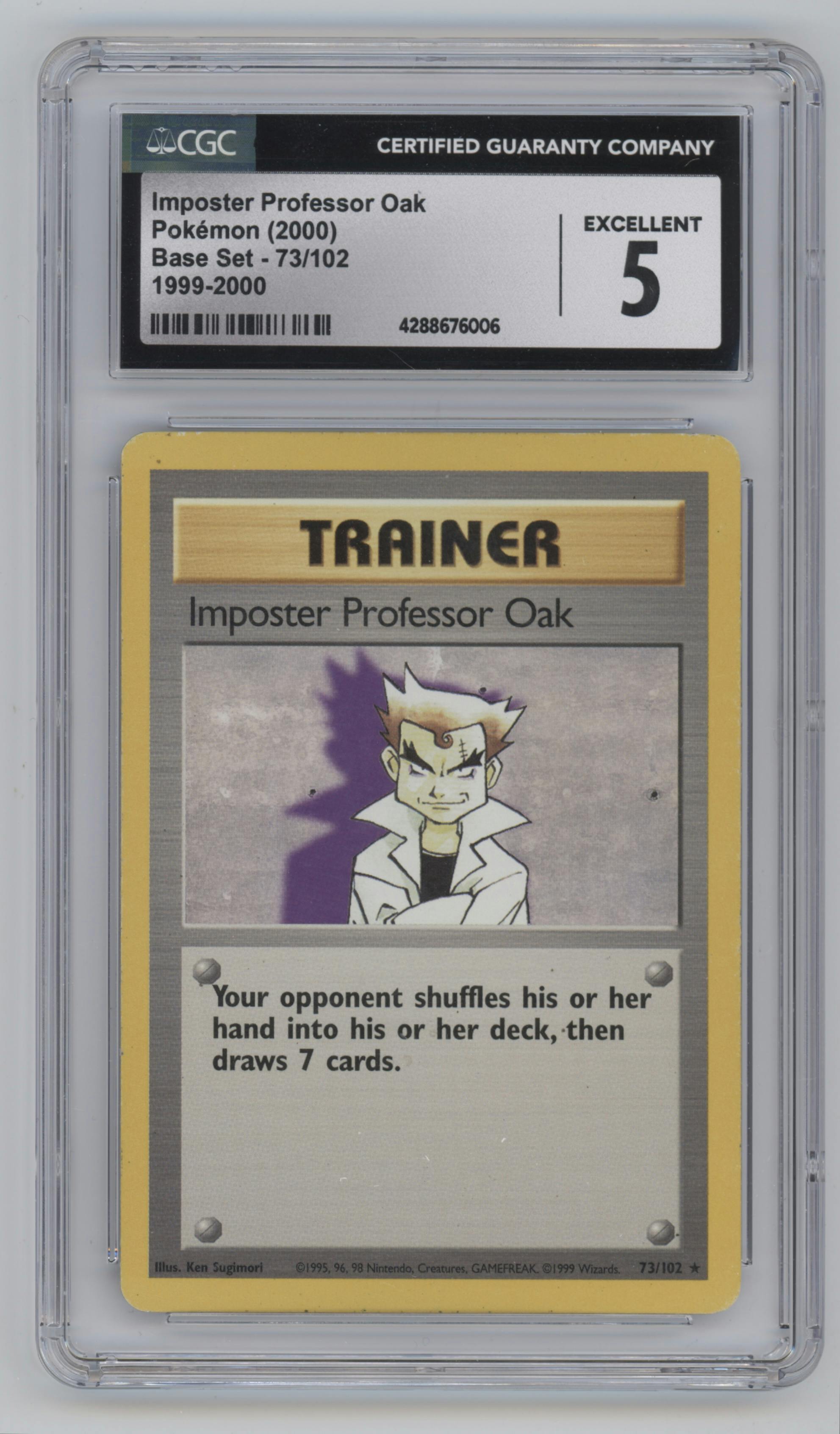 Imposter Professor Oak from the 1999 Pokemon set graded by CSG and given an overall grade of 5.