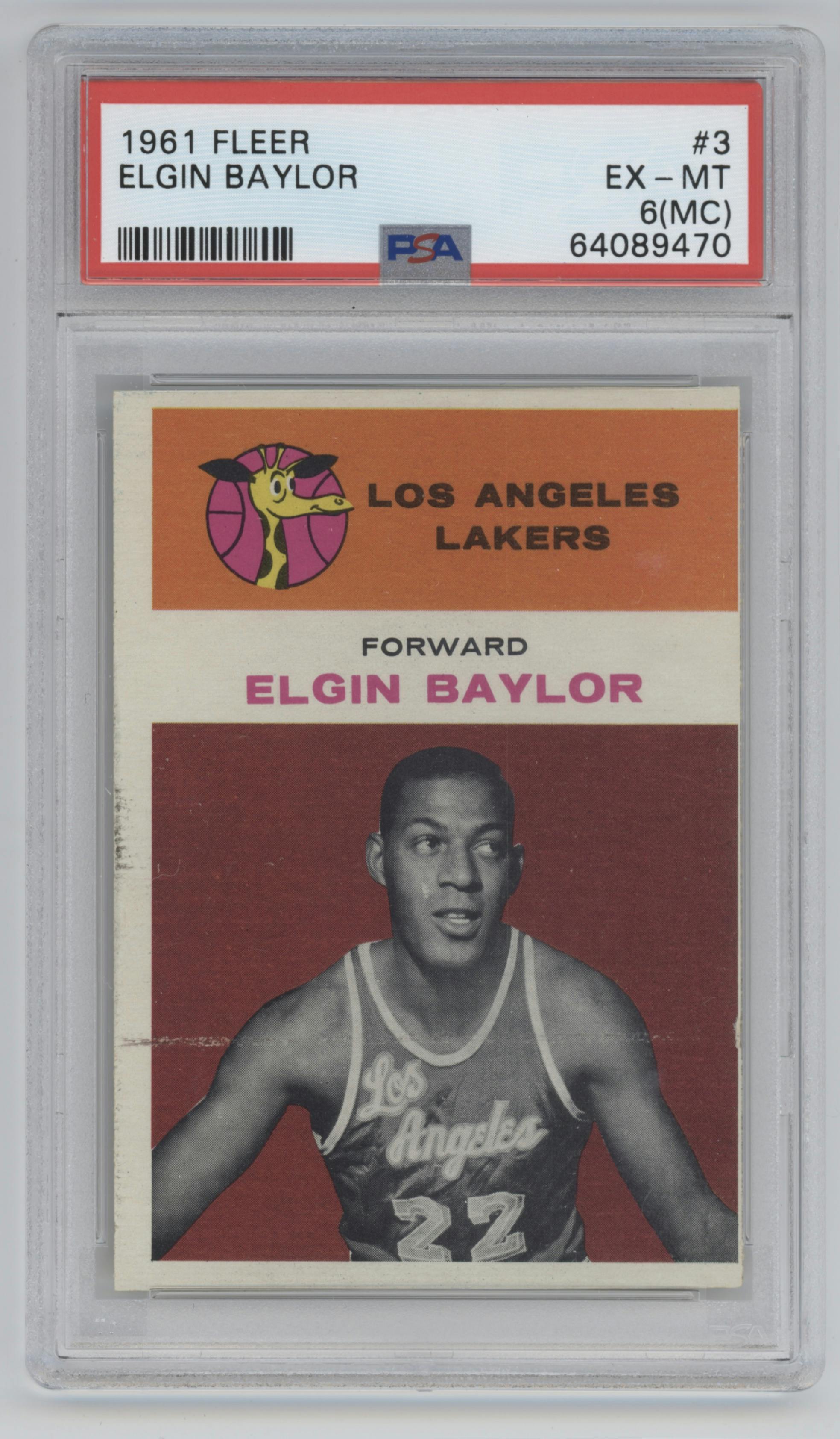 Elgin Baylor from the 1961 Fleer set featuring a Miscut parallel graded by PSA and given an overall grade of 6.