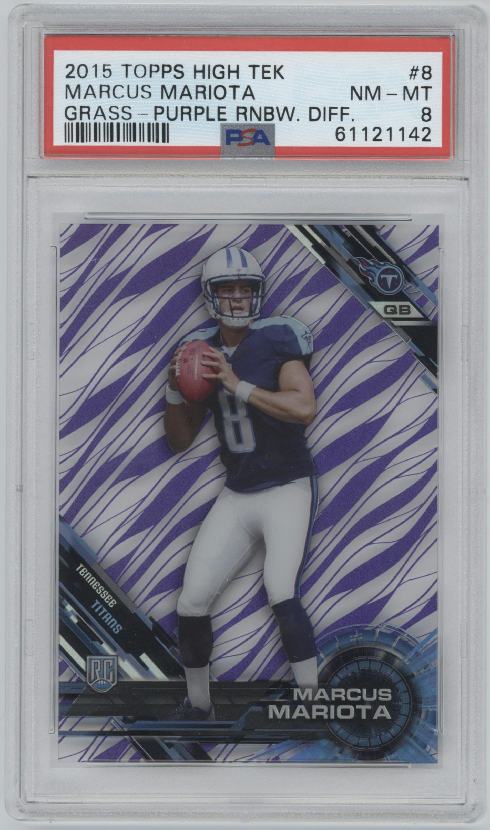 Marcus Mariota from the 2015 Topps High Tek set featuring a Purple Rainbow Diffractor parallel graded by PSA and given an overall grade of 8.