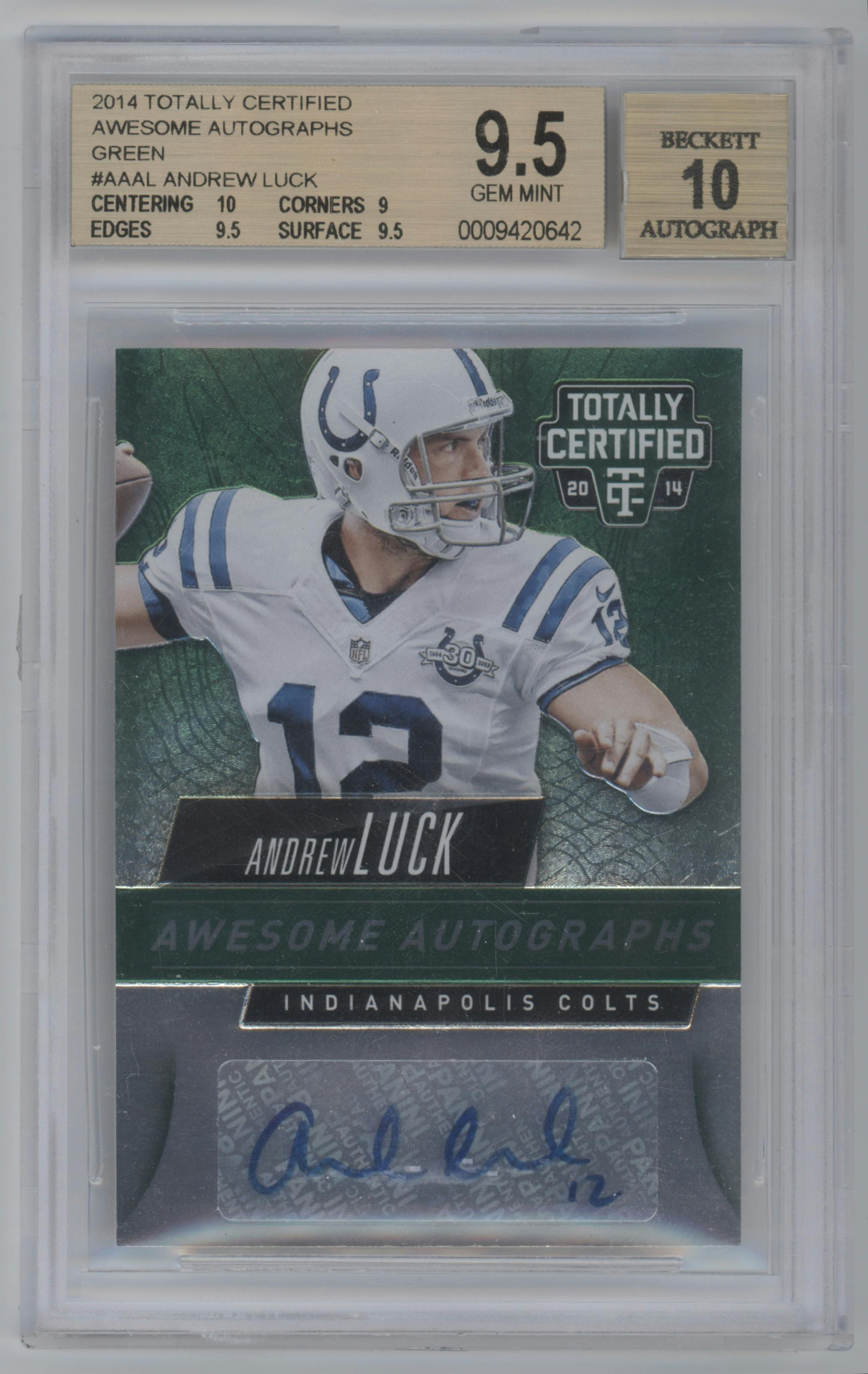 Andrew Luck from the 2014 Panini Totally Certified set featuring a Green parallel graded by Beckett and given an overall grade of 9.5.