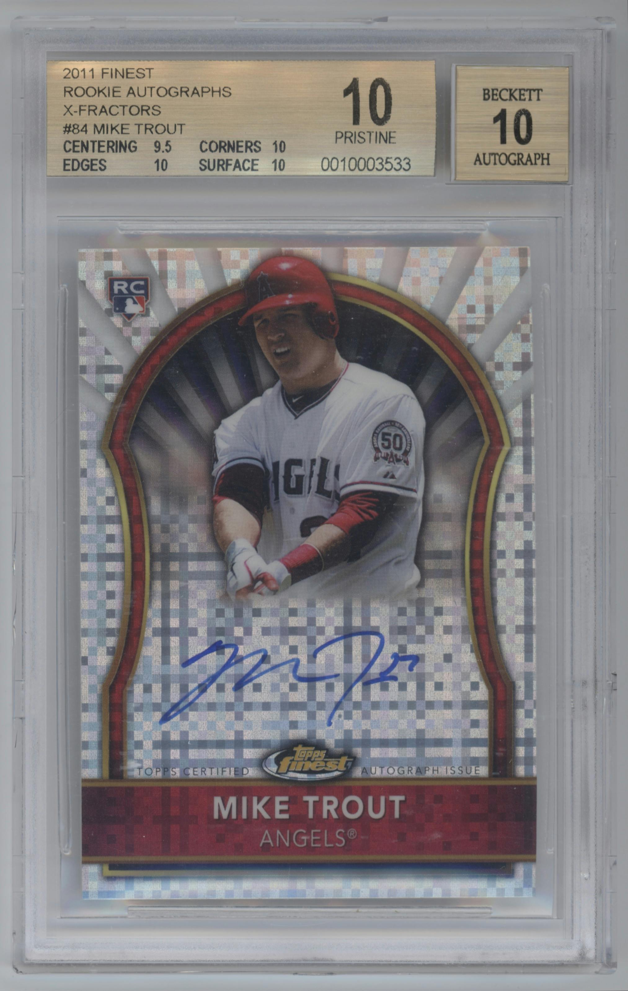 Mike Trout from the 2011 Topps Finest set featuring a X-Fractor parallel graded by Beckett and given an overall grade of 10.