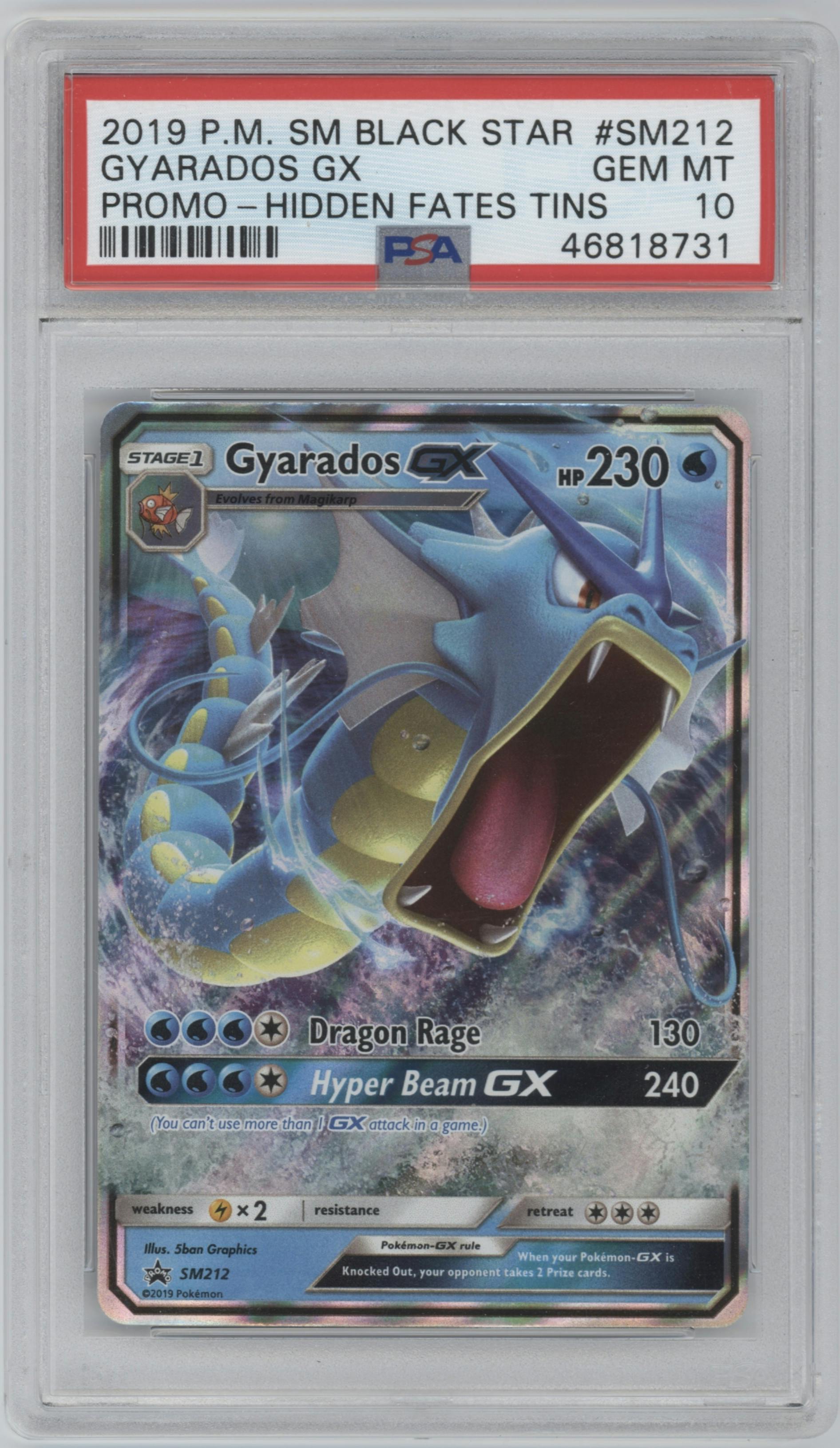 Gyarados GX  from the 2019 Pokemon S&M  set featuring a Hidden Fates Tins parallel graded by PSA and given an overall grade of 10.