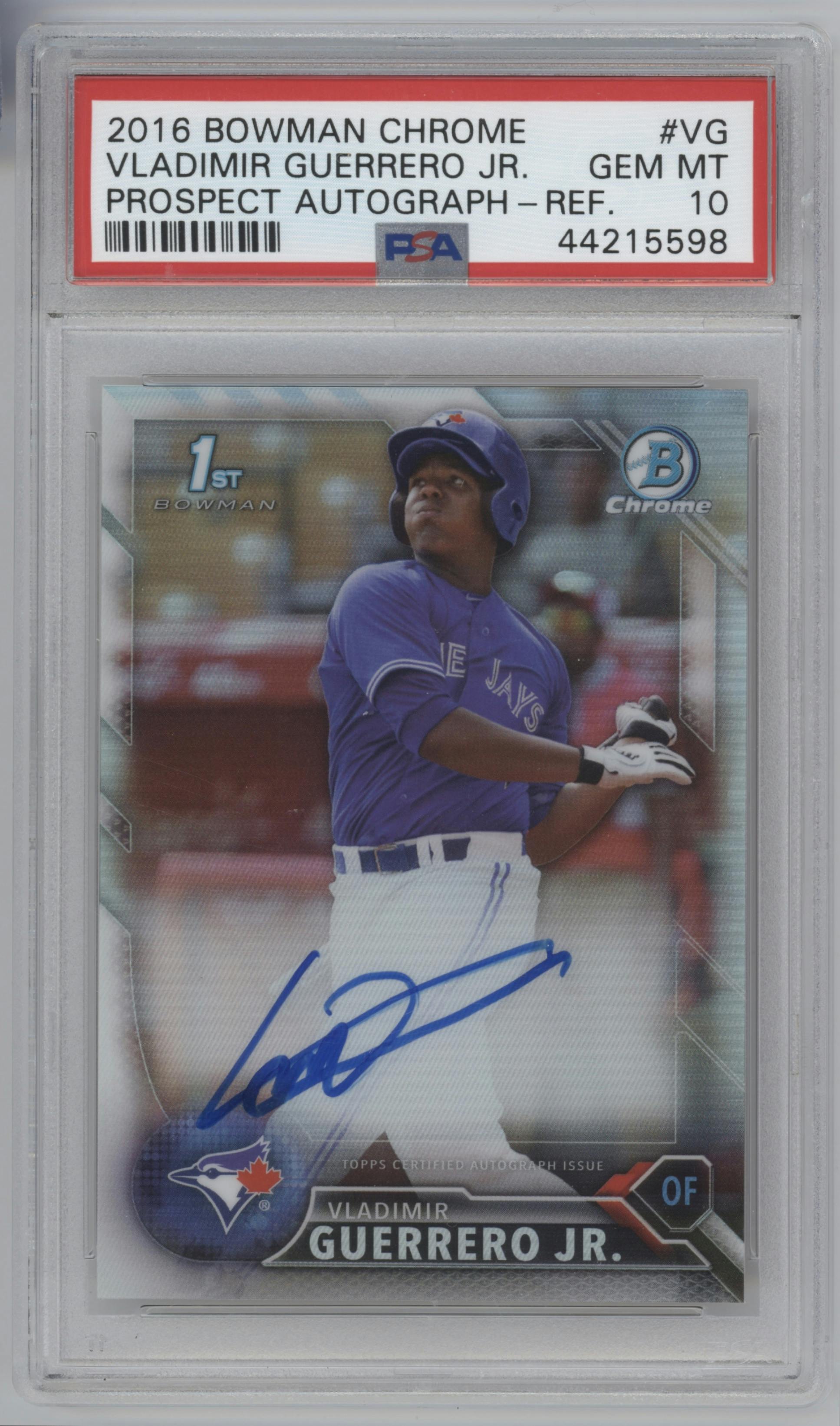 Vladimir Guerrero from the 2016 Bowman Chrome set featuring a Refractor parallel graded by PSA and given an overall grade of 10.