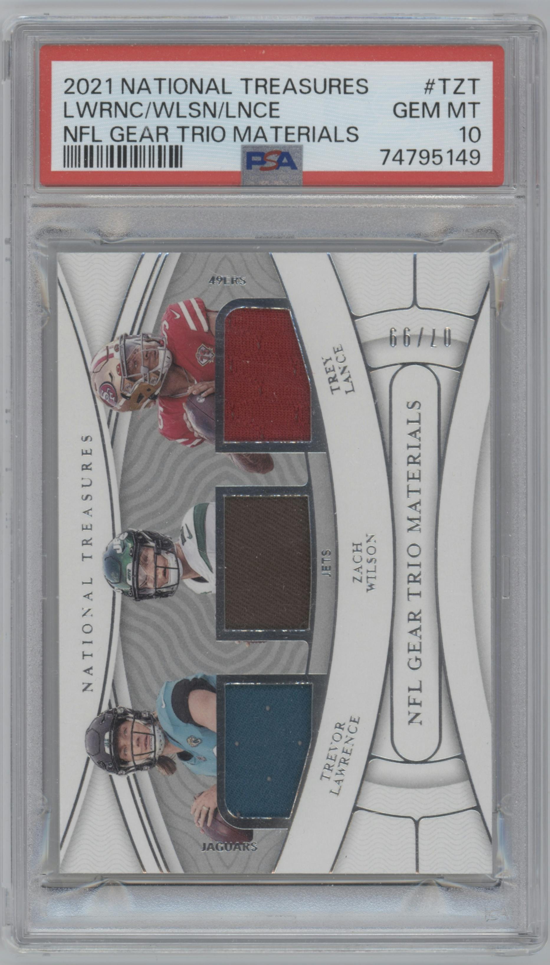 Trevor Lawrence / Zach Wilson / Trey Lance from the 2021 Panini National Treasures set graded by PSA and given an overall grade of 10.